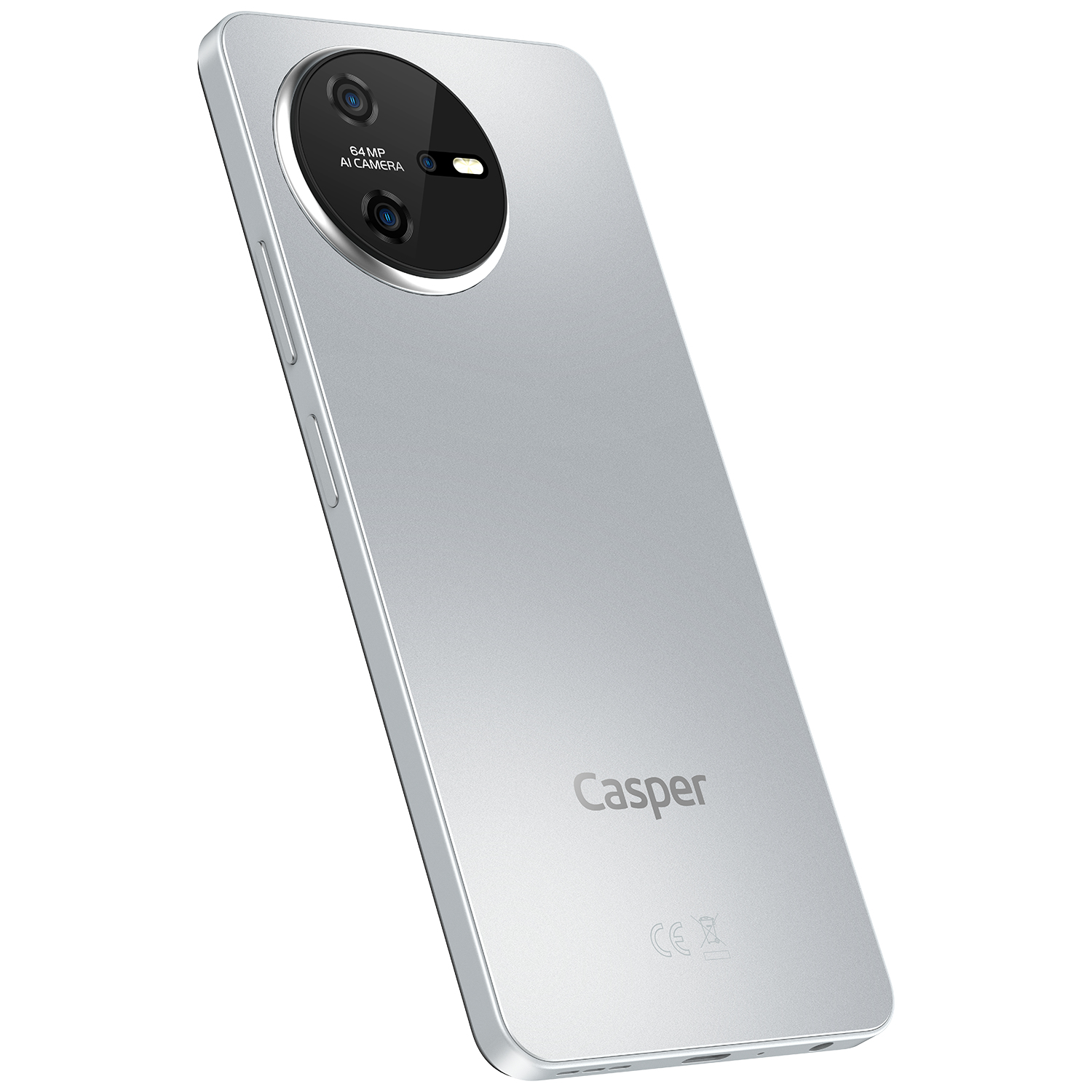 Çift kameralı ve flaşlı gümüş renkli akıllı telefon, 'Casper' markası görünür. Açılı görünüm, beyaz arka plan.