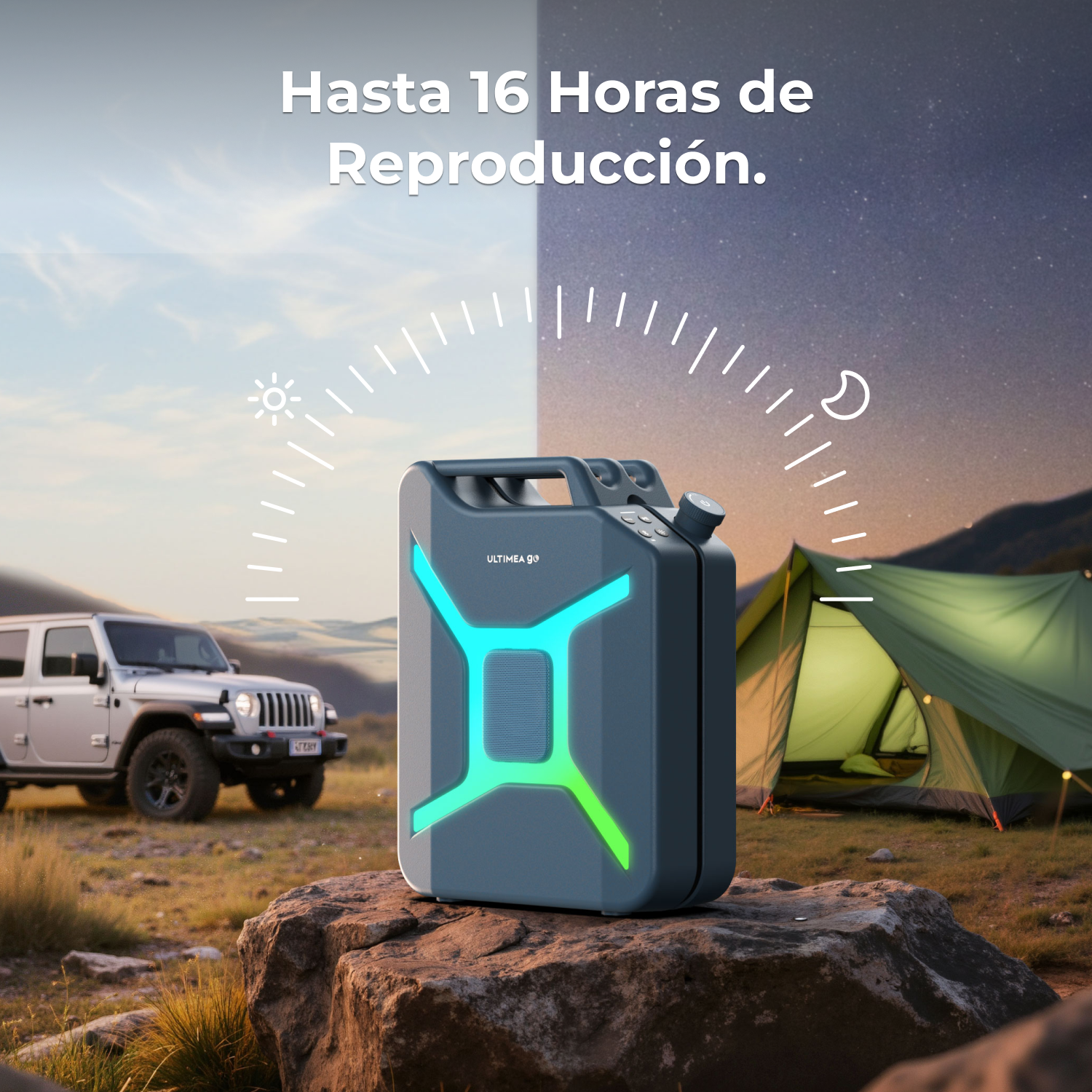 Un altoparlante con luce verde e blu è su una roccia. Una Jeep a sinistra e una tenda a destra. Sfondo giorno e notte.