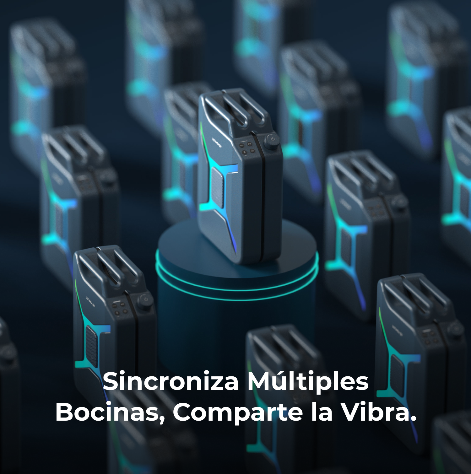 Diverse casse nere con luci blu e verdi. Una cassa è su una piattaforma. Testo in basso: Sincronizza più altoparlanti.