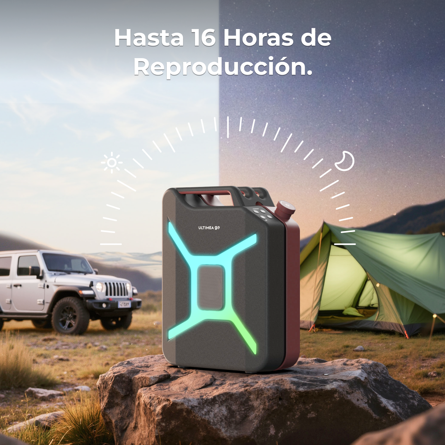 Un altoparlante con un design luminoso è posizionato su una roccia. Un'auto e una tenda sullo sfondo, con testo sopra.