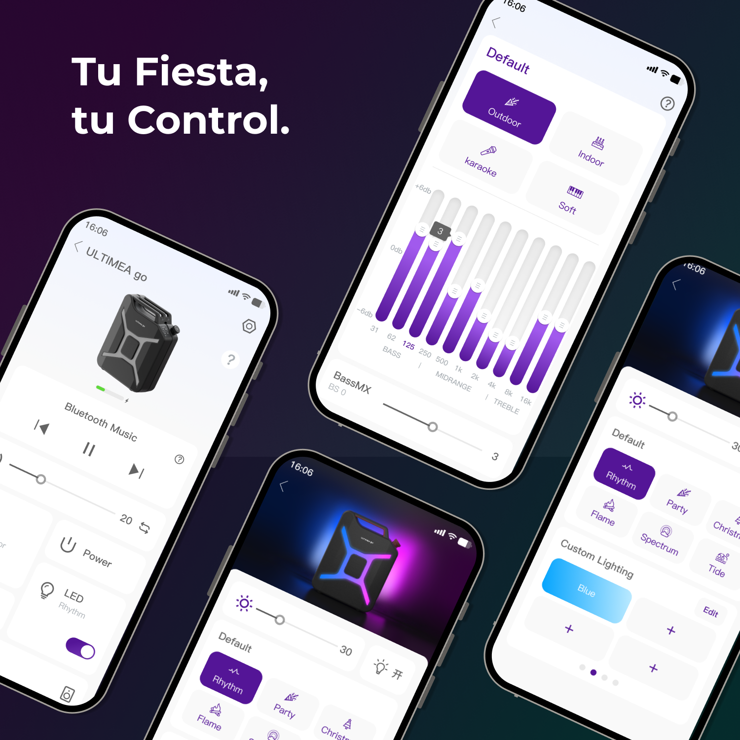 Più telefoni con interfacce di app. Mostrano controlli altoparlanti, impostazioni equalizzatore e opzioni di illuminazione.