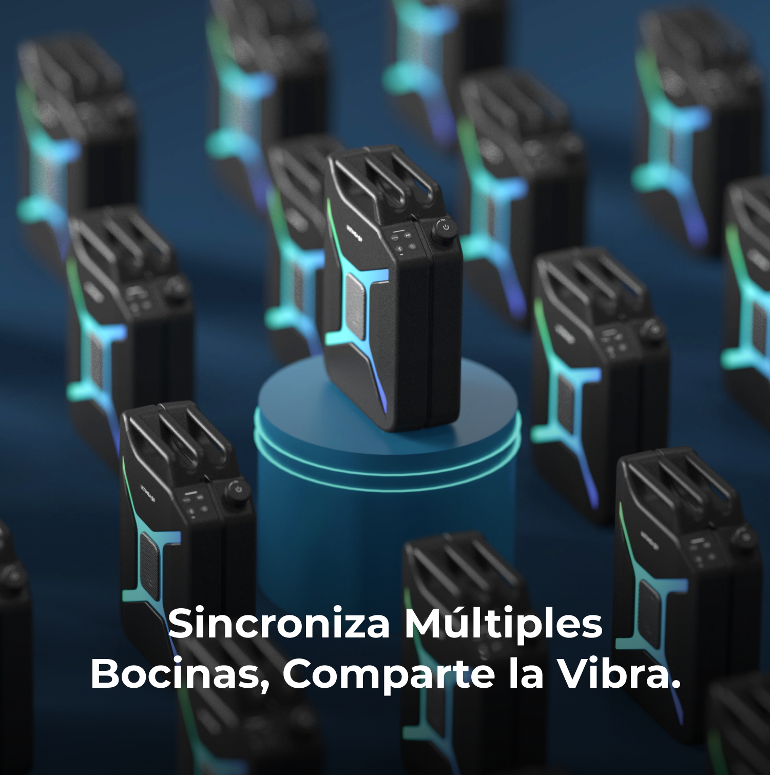 Dispositivi neri con luci verde acqua e blu sono disposti su una superficie blu. Un dispositivo è su un piedistallo.