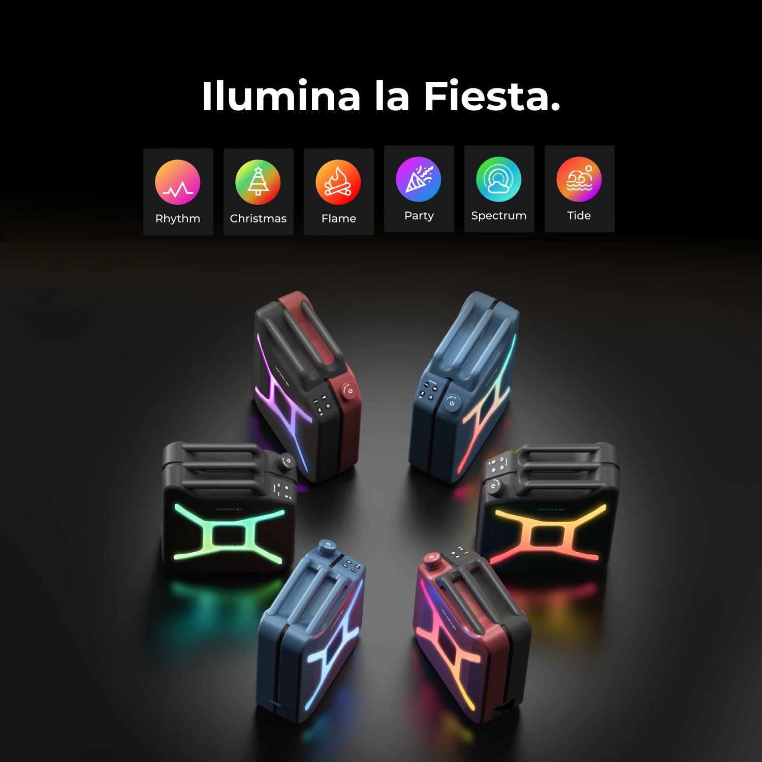 Seis altavoces con luces, dispuestos en círculo. El texto dice 'Illumina la Fiesta'. Debajo, iconos representan modos de luz: ritmo, Navidad, llama, fiesta, espectro, marea.