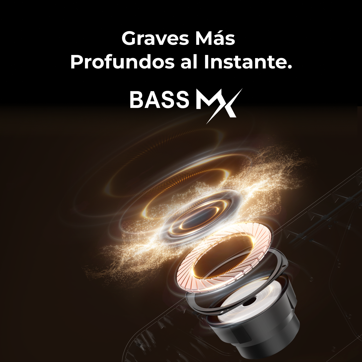 L'immagine mostra i componenti dell'altoparlante con le onde sonore. Il testo dice 'Graves Más Profundos al Instante' e 'BASS MX'.