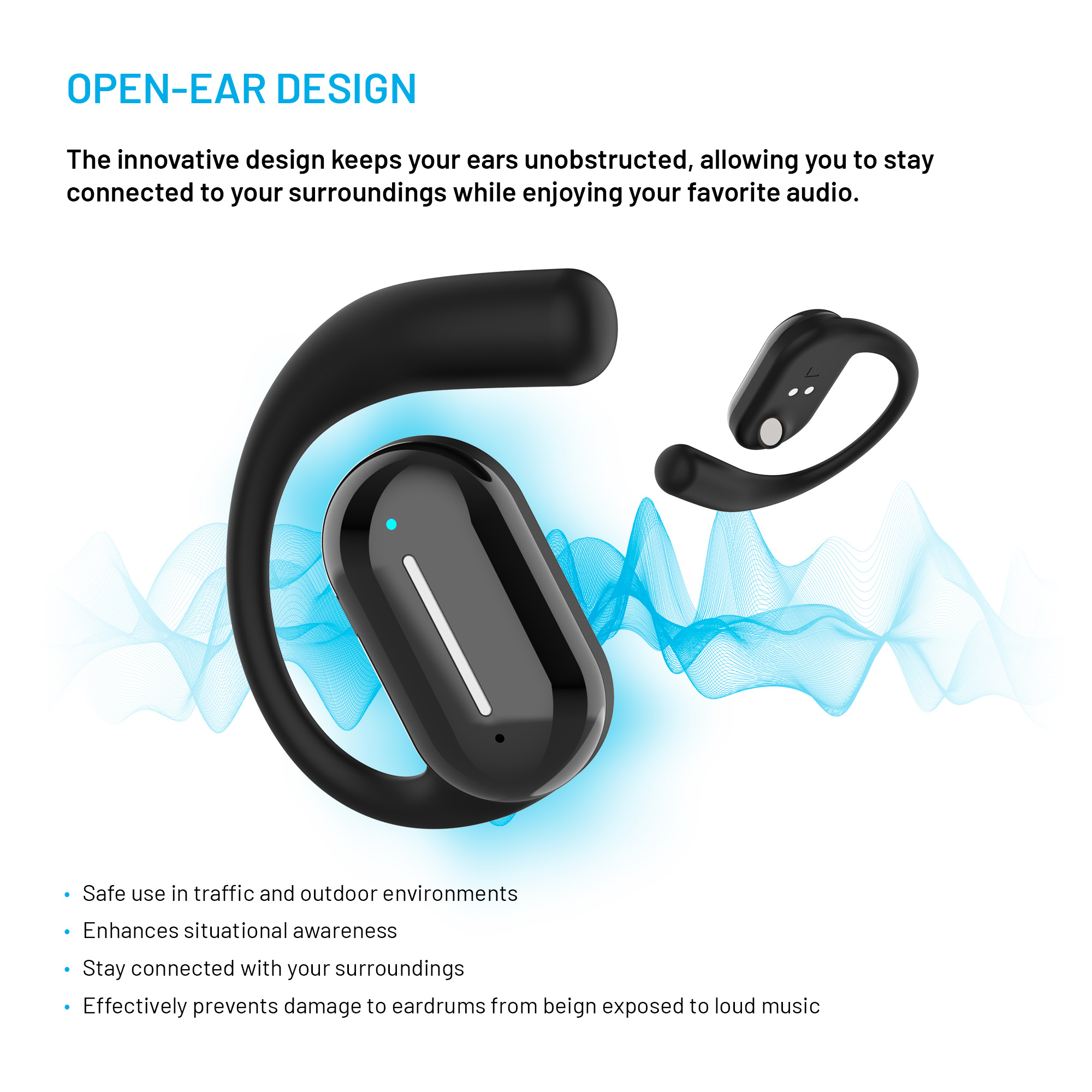Schwarze Open-Ear-Kopfhörer. Blaue Wellengrafik im Hintergrund. Text: Open-Ear-Design, sichere Nutzung, Situationsbewusstsein.