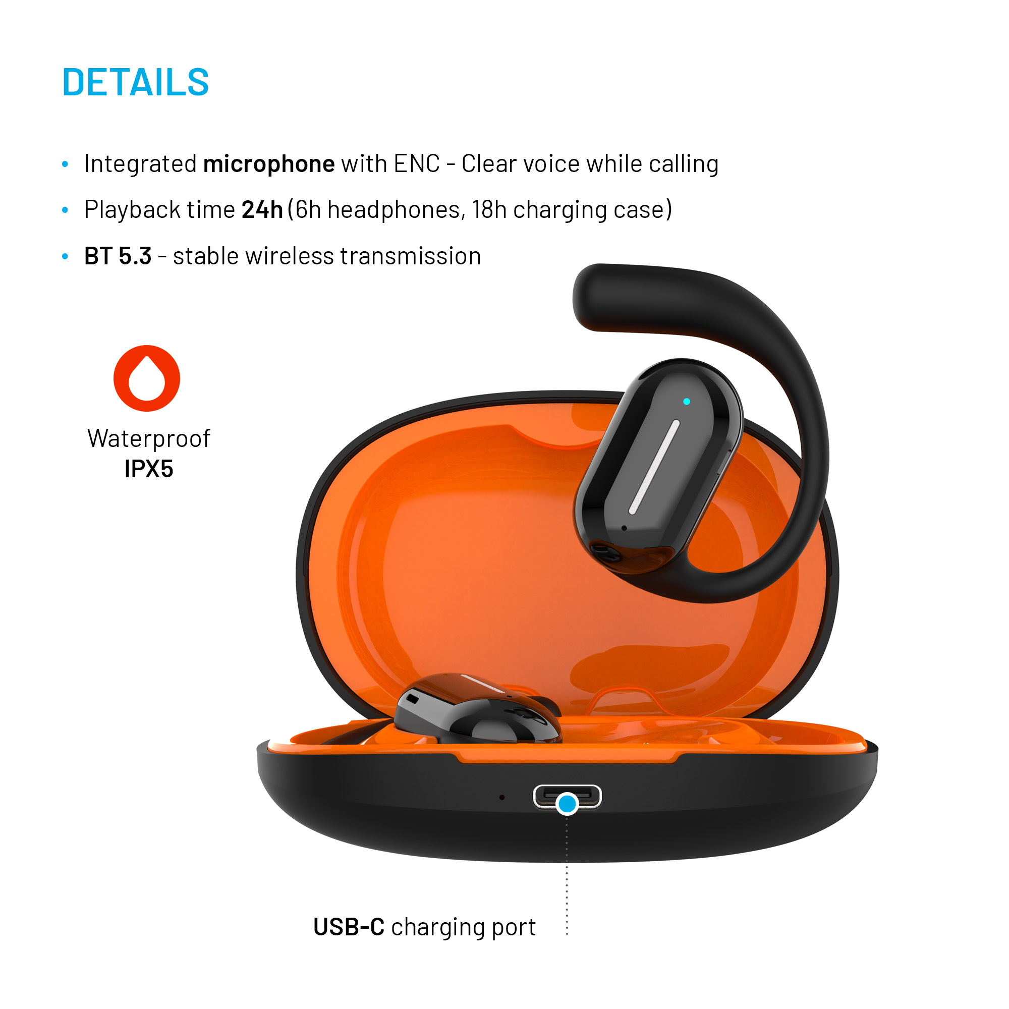 Ohrhörer in Ladecase, schwarz und orange. Merkmale sind ein USB-C-Anschluss, Wasserdichtigkeitsklasse und Wiedergabedetails.