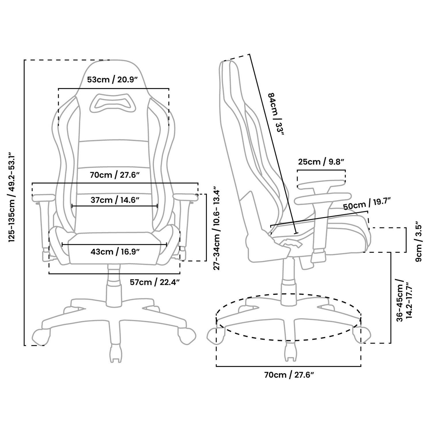 Diagram van een gaming stoel met afmetingen in cm en inches. Toont hoogte, breedte en dieptematen voor verschillende delen.