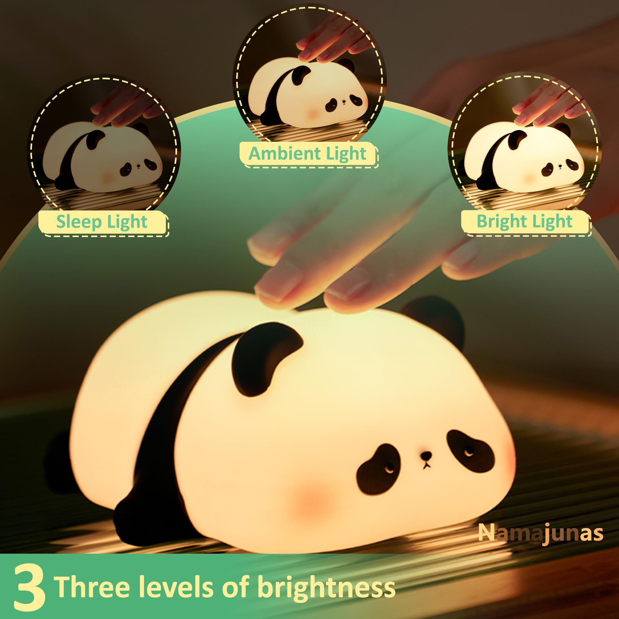 Ein panda-förmiges Nachtlicht mit drei Helligkeitsstufen, das von einer Hand berührt wird. Der Hintergrund zeigt verschiedene Lichtstufen.