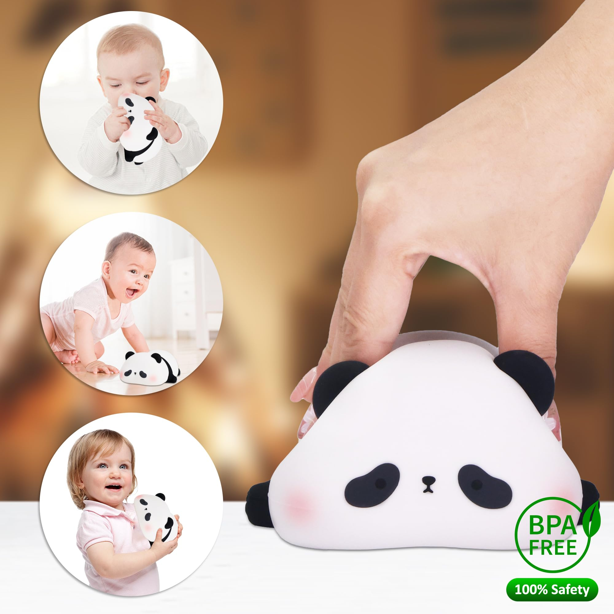 Ein handgehaltenes Panda-Baby-Spielzeug. Drei Babys spielen mit ähnlichen Spielzeugen. Das Spielzeug ist BPA-frei und 100 % sicher.