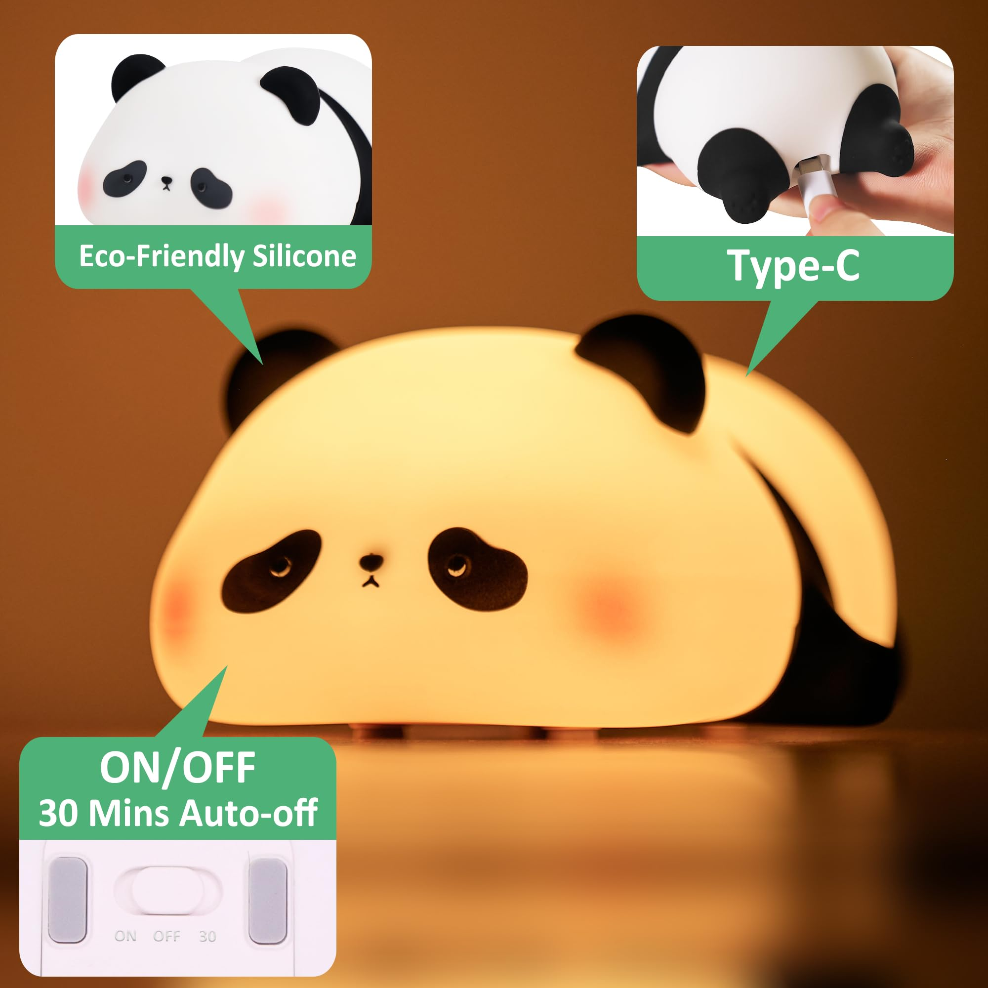 Ein nachtlichtförmiger Panda. Details umfassen Typ-C-Laden, umweltfreundliches Silikon und einen Ein-/Ausschalter mit 30-Minuten-Abschaltung.