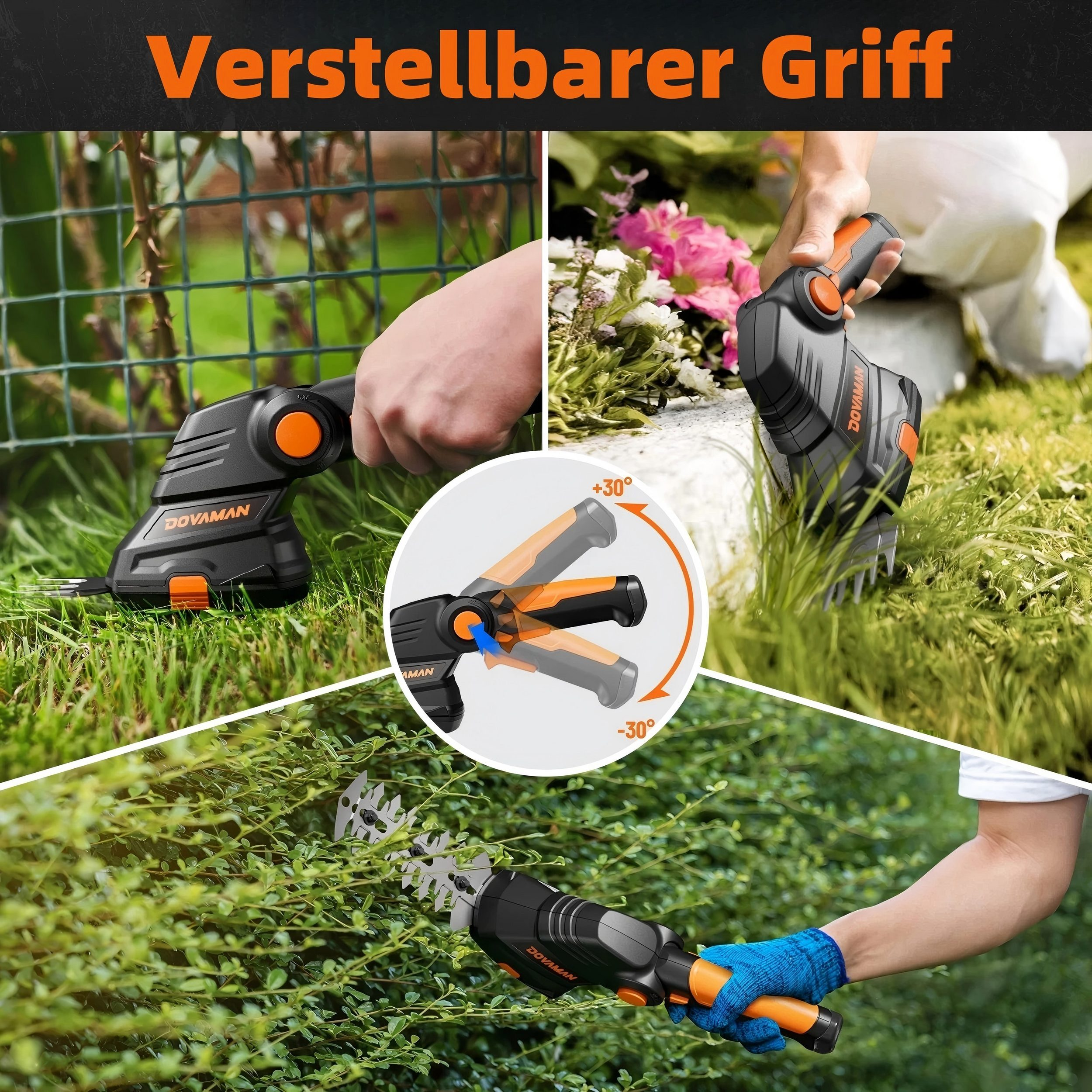 Das Bild zeigt eine Heckenschere mit verstellbarem Griff. Sie ist schwarz und orange und wird auf Hecken und Gras verwendet. Der Griff bewegt sich.