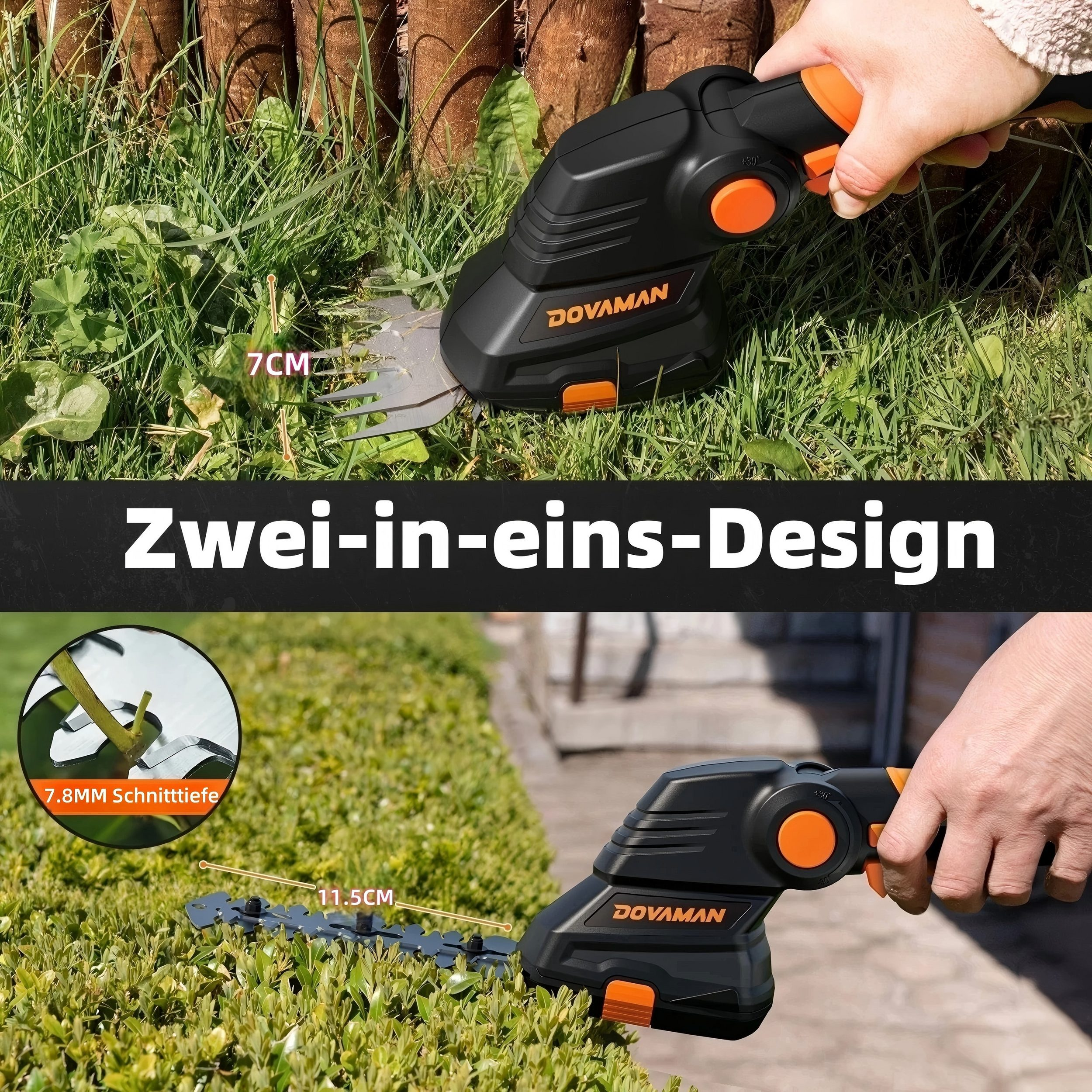 Eine handliche schwarz-orange Heckenschere beim Grasschneiden. Die Marke ist Dovaman. Das Bild zeigt die Trimmer im Einsatz.