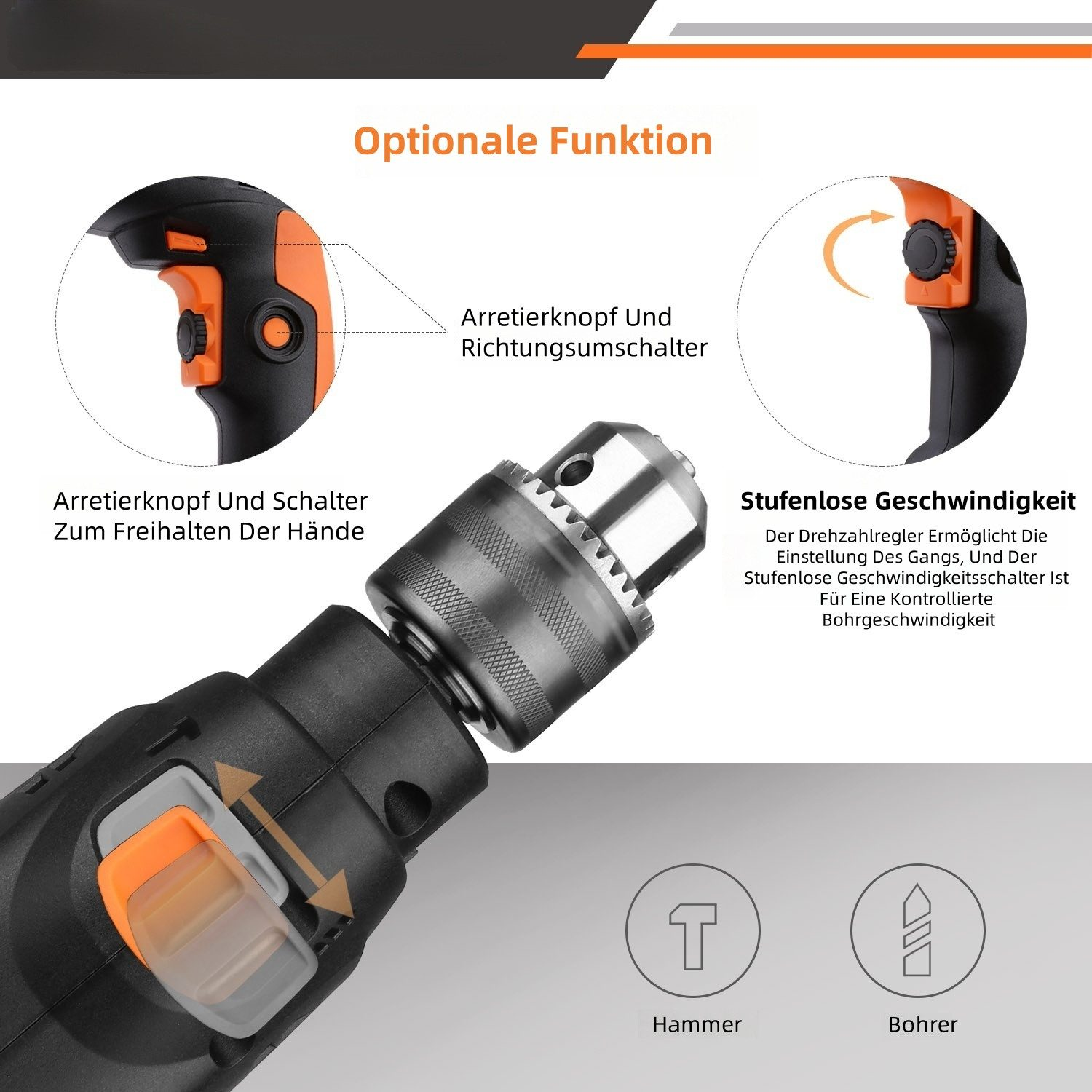 Nahaufnahme eines schwarz-orangenen Bohrers, der verschiedene Teile und Funktionen mit Beschriftungen zeigt.