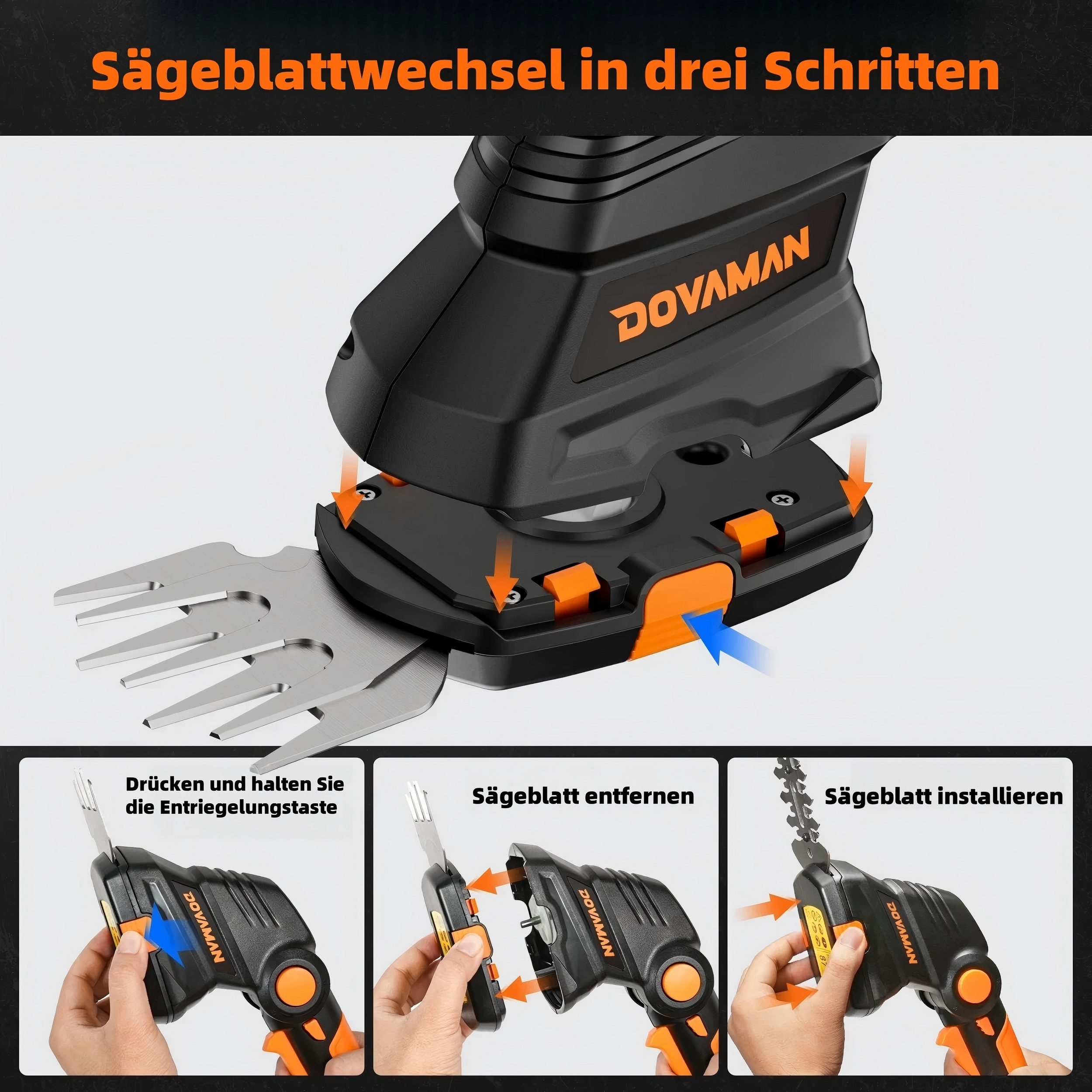 Das Bild zeigt, wie man ein Sägeblatt wechselt. Ein schwarz-oranges Dovaman-Werkzeug wird in drei Schritten gezeigt.