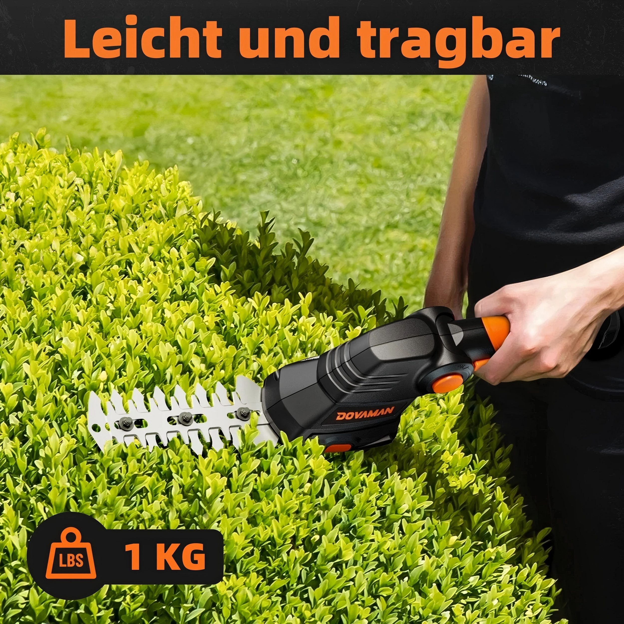 Eine Person benutzt eine elektrische Heckenschere, um einen grünen Busch zu schneiden. Der Text oben lautet: 'Leicht und tragbar'.