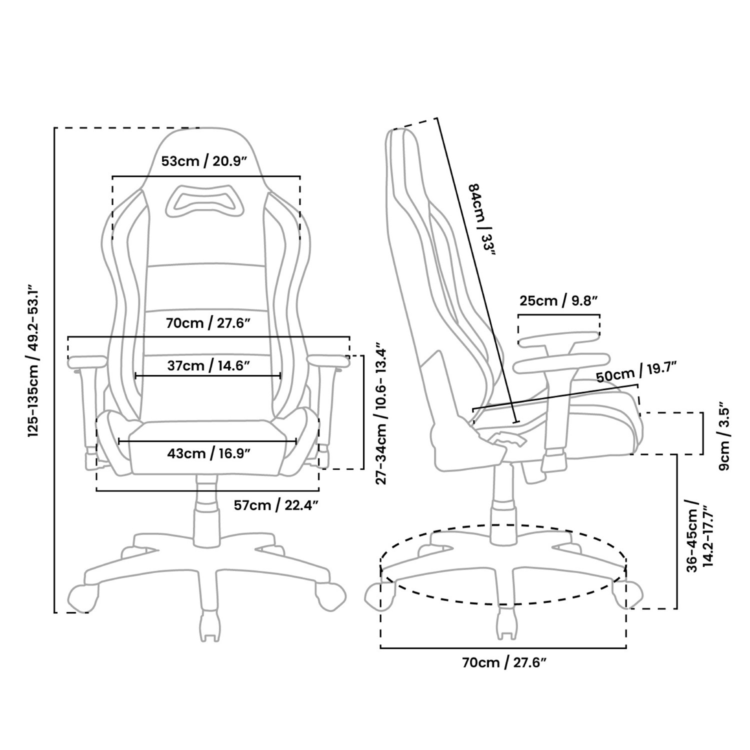 Diagram van een gamingstoel met afmetingen in cm/inch. Toont hoogte, breedte en maten van onderdelen.