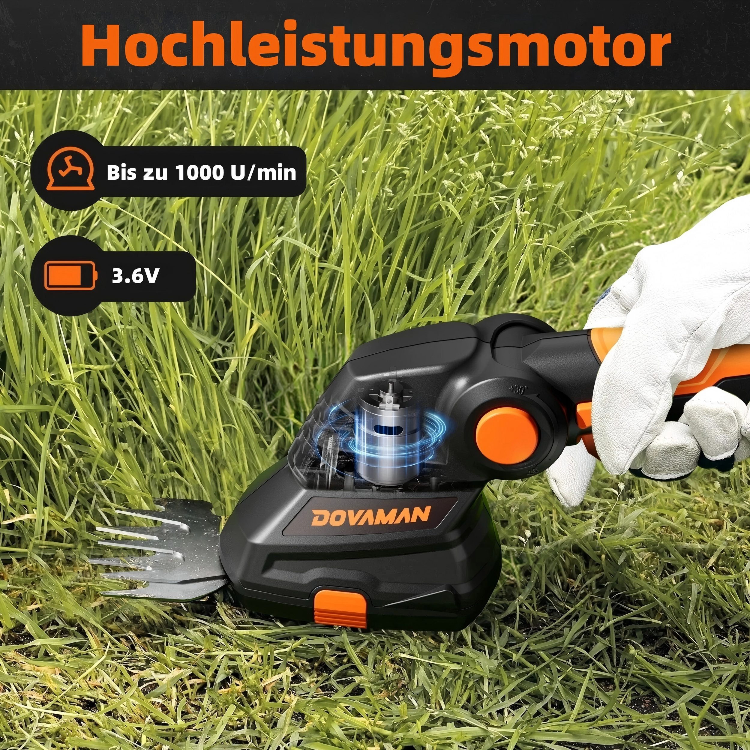 Ein schwarz-oranger Rasentrimmer schneidet Gras. Eine Hand in einem weißen Handschuh hält ihn. Der Hintergrund ist grünes Gras.