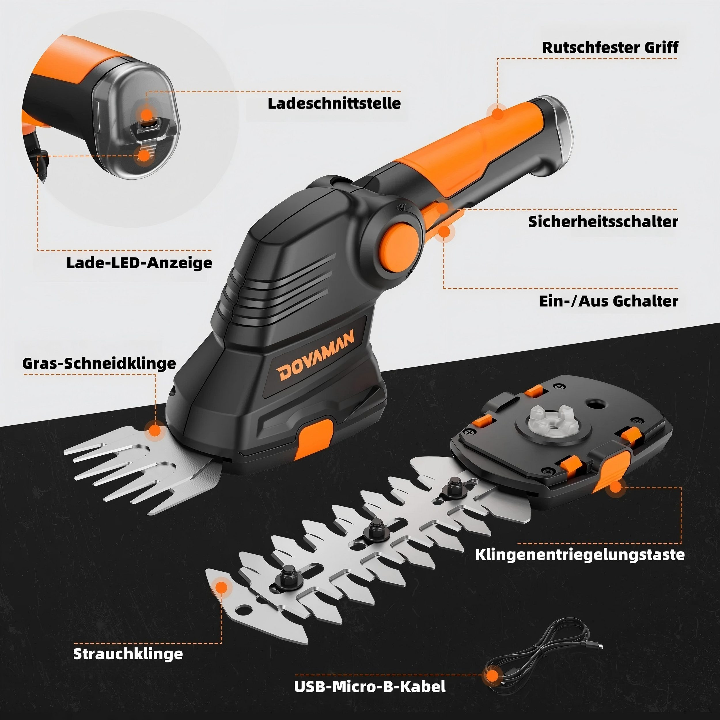Elektrischer Trimmer mit orangefarbenen Akzenten. Er hat Klingen für Gras und Sträucher, einen Ladeanschluss und Sicherheitsmerkmale.