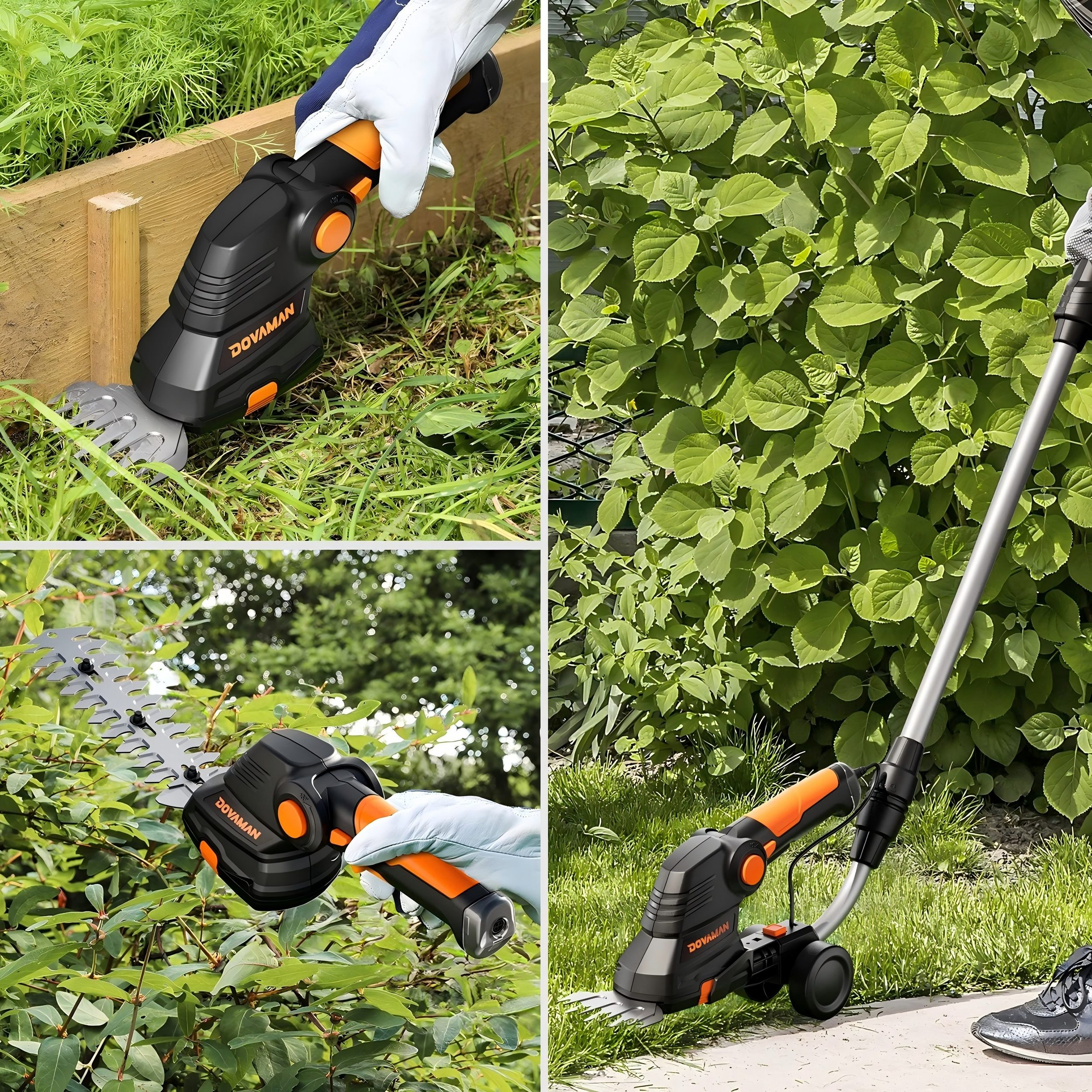 Eine Person verwendet einen schwarz-orangen Trimmer, um Gras und Büsche zu schneiden. Der Trimmer hat den Markennamen DOVAMAN.