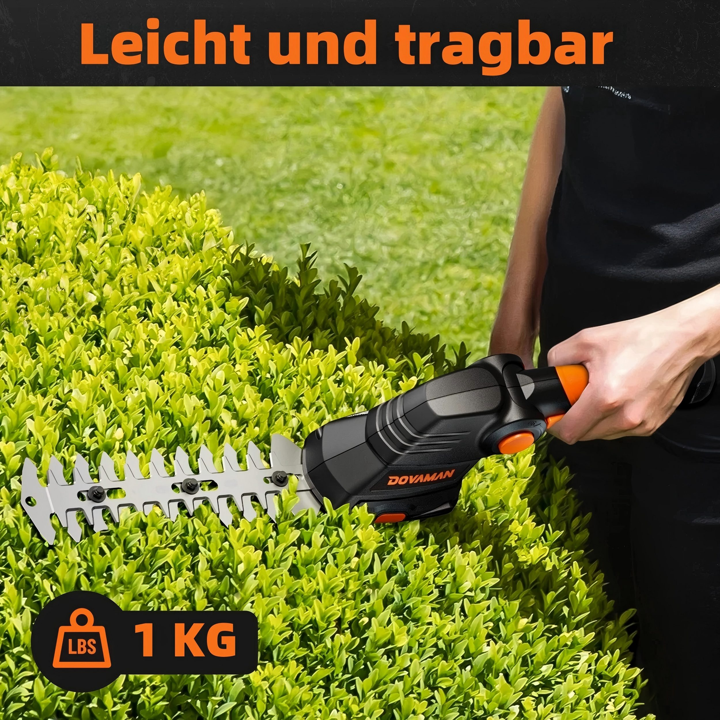 Eine Person verwendet eine elektrische Heckenschere, um einen grünen Busch zu schneiden. Der Text oben lautet 'Leicht und tragbar'.