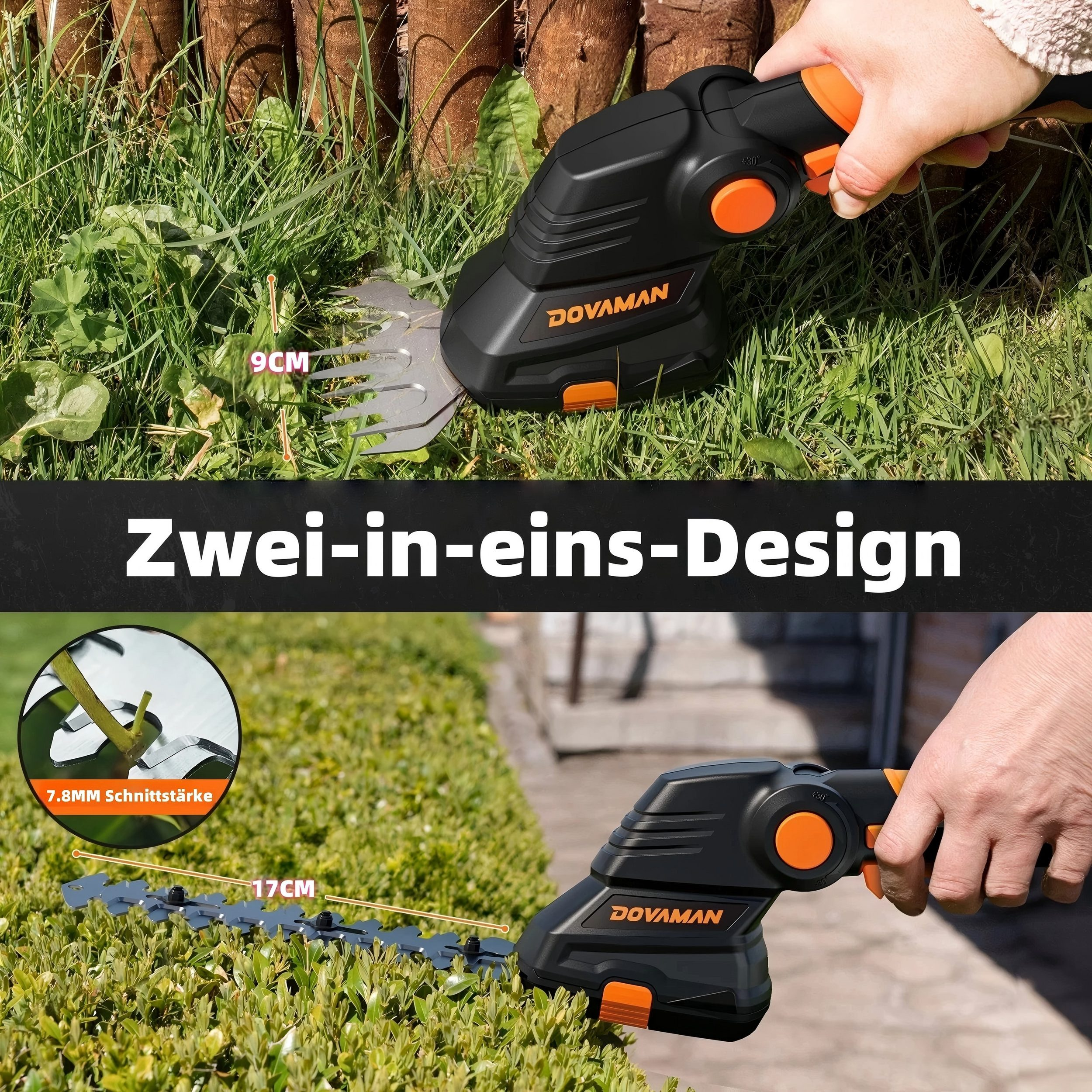 Ein schwarz-oranger Dovaman-Heckenschneider schneidet Gras und eine Hecke.