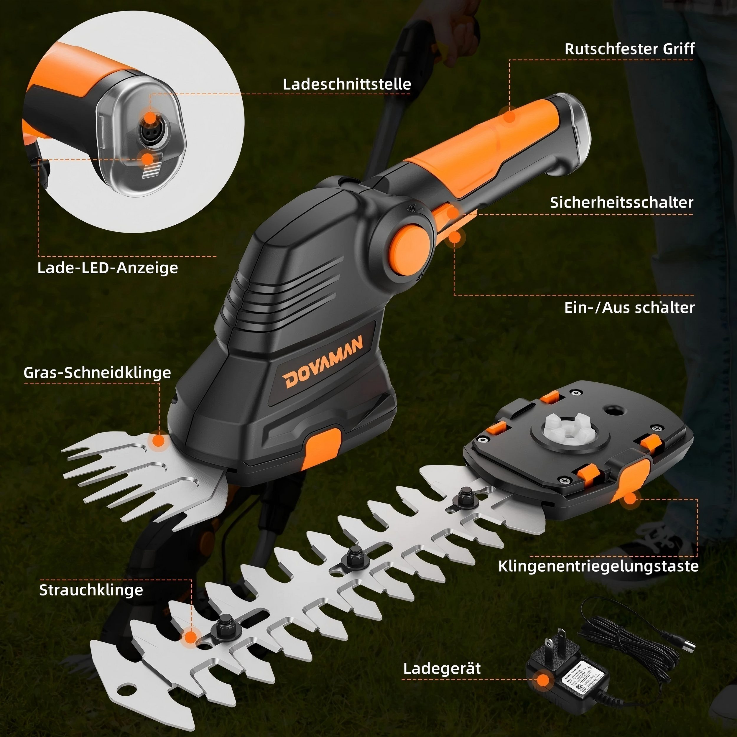 Eine orange-schwarze Heckenschere mit beschrifteten Teilen. Ladegerät und Klingen sind ebenfalls sichtbar.