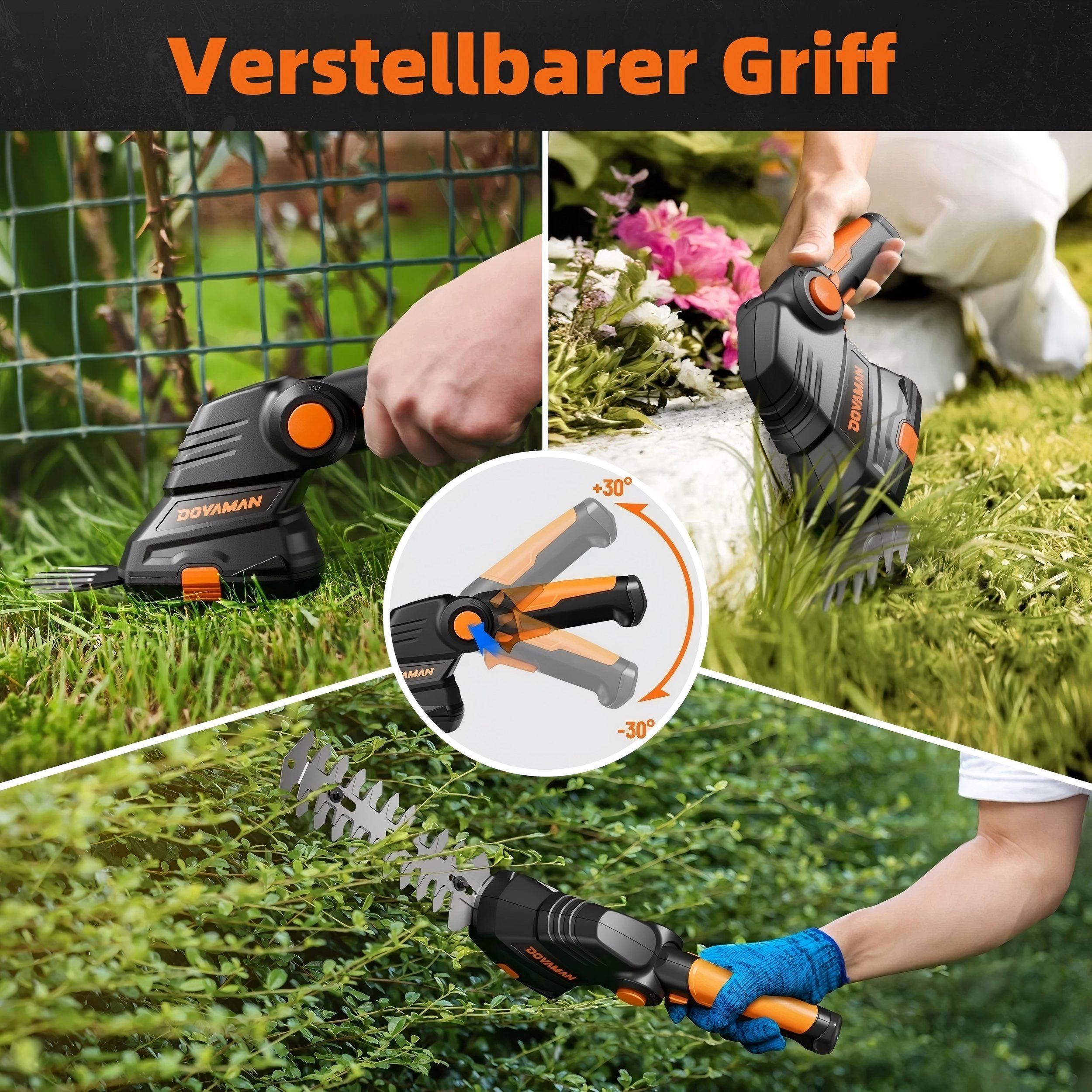 Das Bild zeigt eine Heckenschere mit verstellbarem Griff. Der Trimmer ist schwarz und orange und wird auf Gras, Blumen und Hecken verwendet.