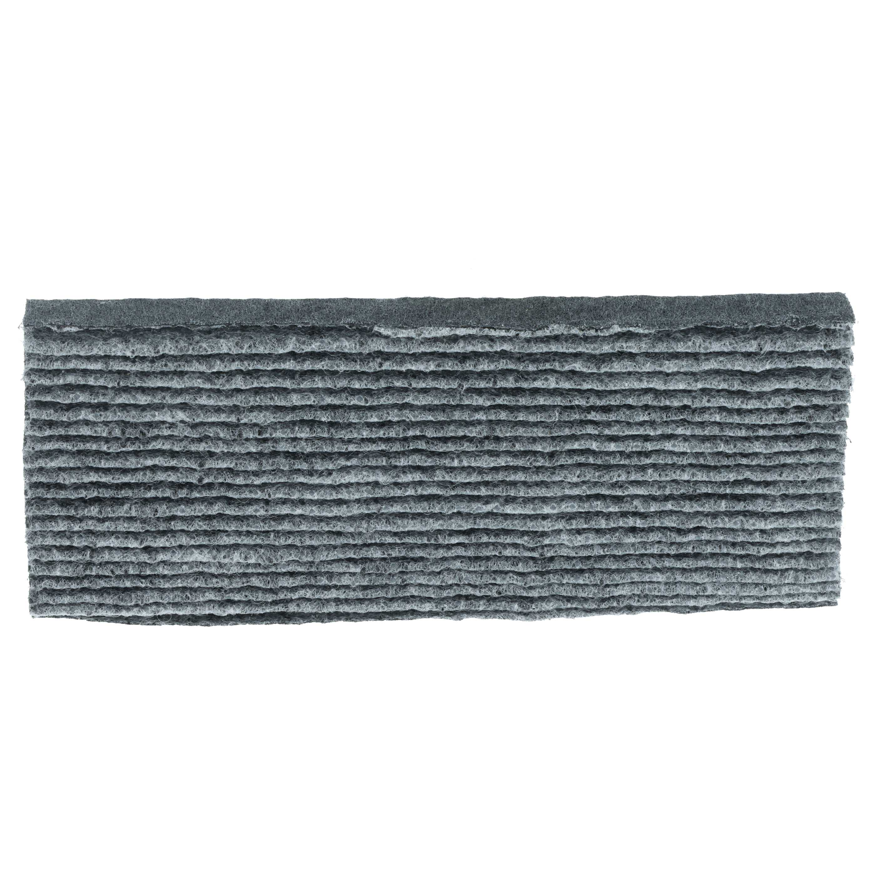 Rechteckiges, graues, geschichtetes Material, möglicherweise ein Filter oder ein saugfähiges Pad, vor weißem Hintergrund.