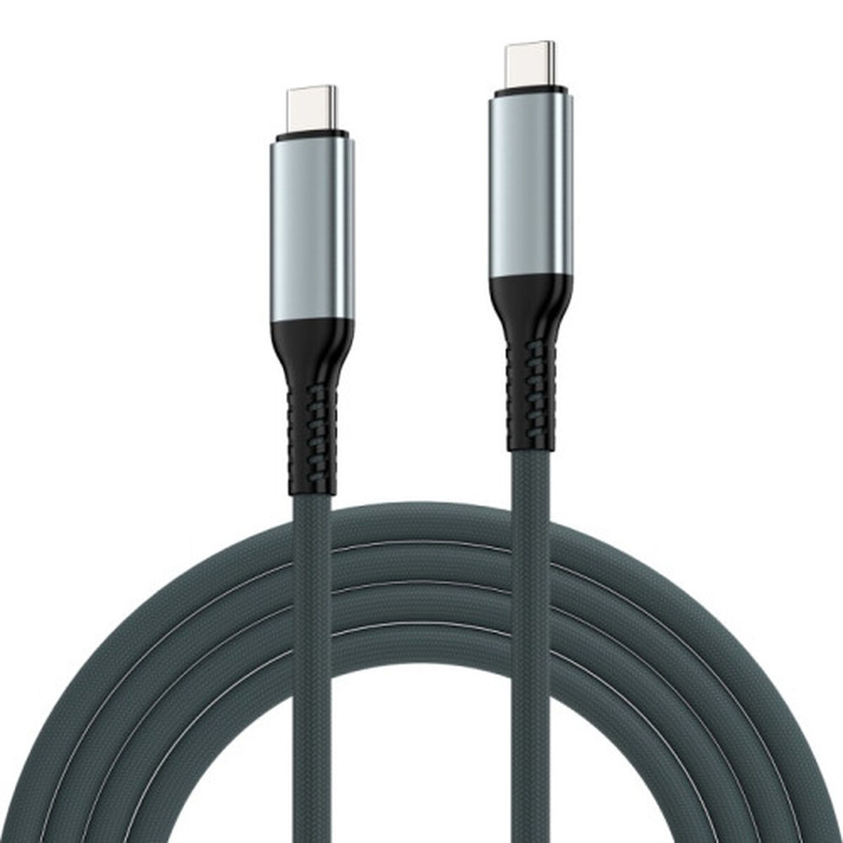 Dos cables USB-C plateados con conectores negros y cables trenzados grises se colocan lado a lado sobre fondo blanco.