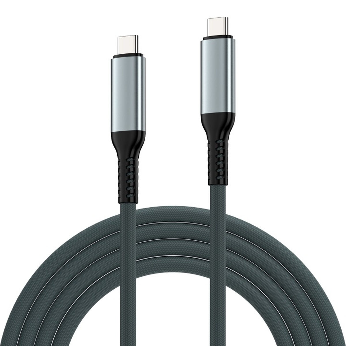 Dos cables de carga USB-C. Conectores plateados, bases negras y cable trenzado gris.