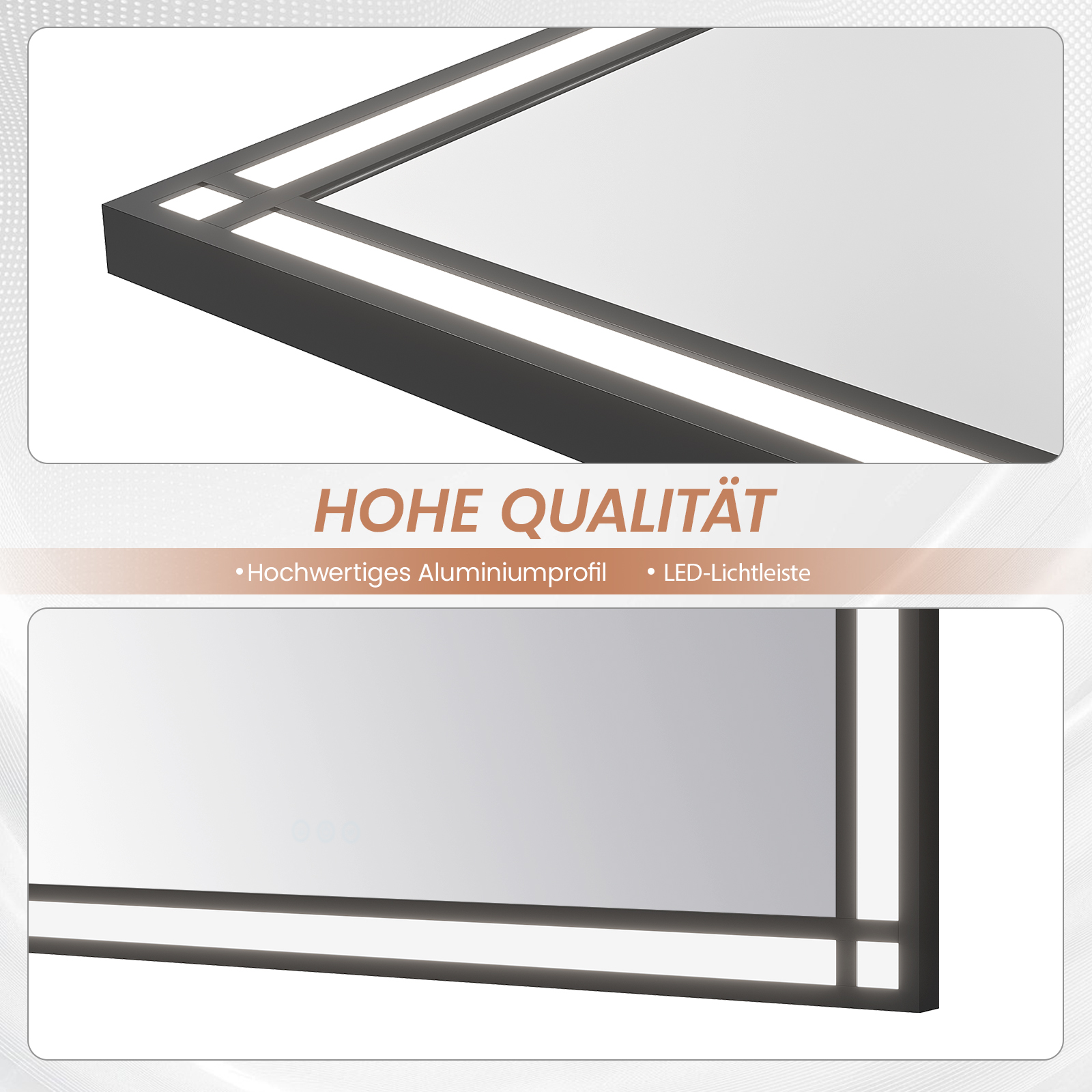 Nahaufnahme eines Spiegels mit dunkelgrauem Rahmen und zwei LED-Lichtleisten. Der Text 'Hohe Qualität' steht unten.