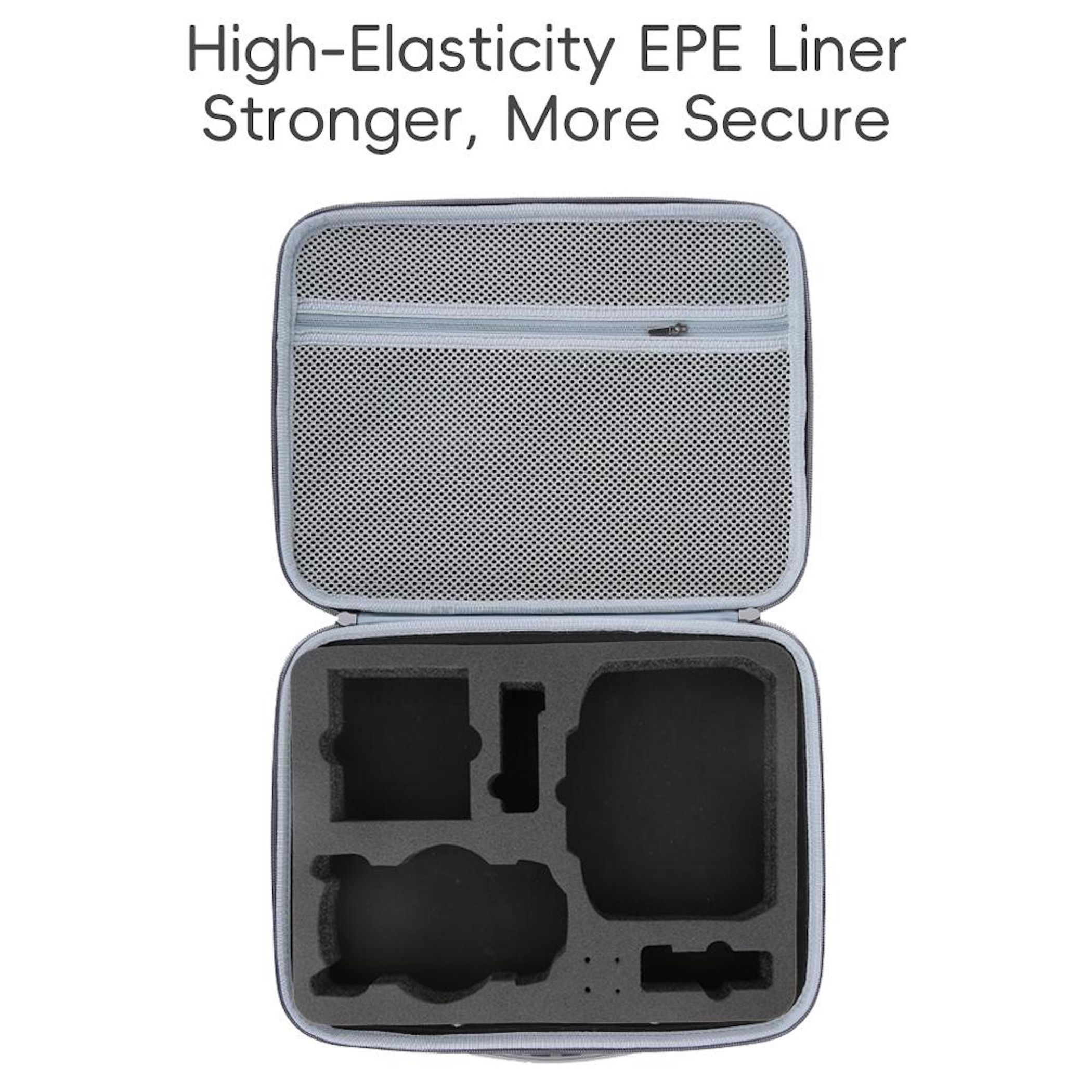 Offener grauer Koffer mit schwarzen Schaumstoffeinsätzen. Koffer hat eine Netztasche und einen Reißverschluss. Text oben: High-Elasticity EPE Liner.