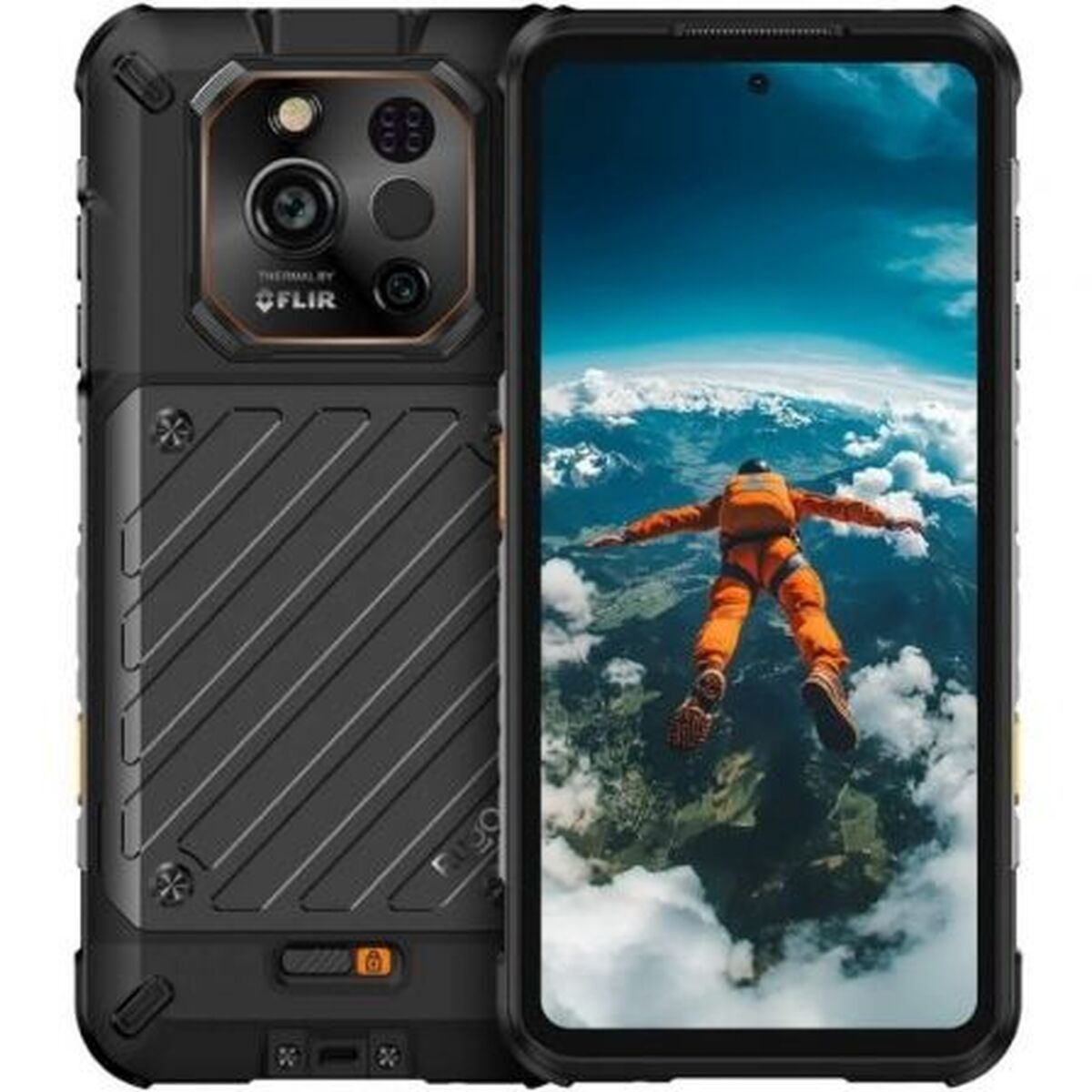 Robustes Smartphone. Display zeigt einen Fallschirmspringer im orangefarbenen Anzug vor blauem Himmel. Telefon hat schwarzes Gehäuse.