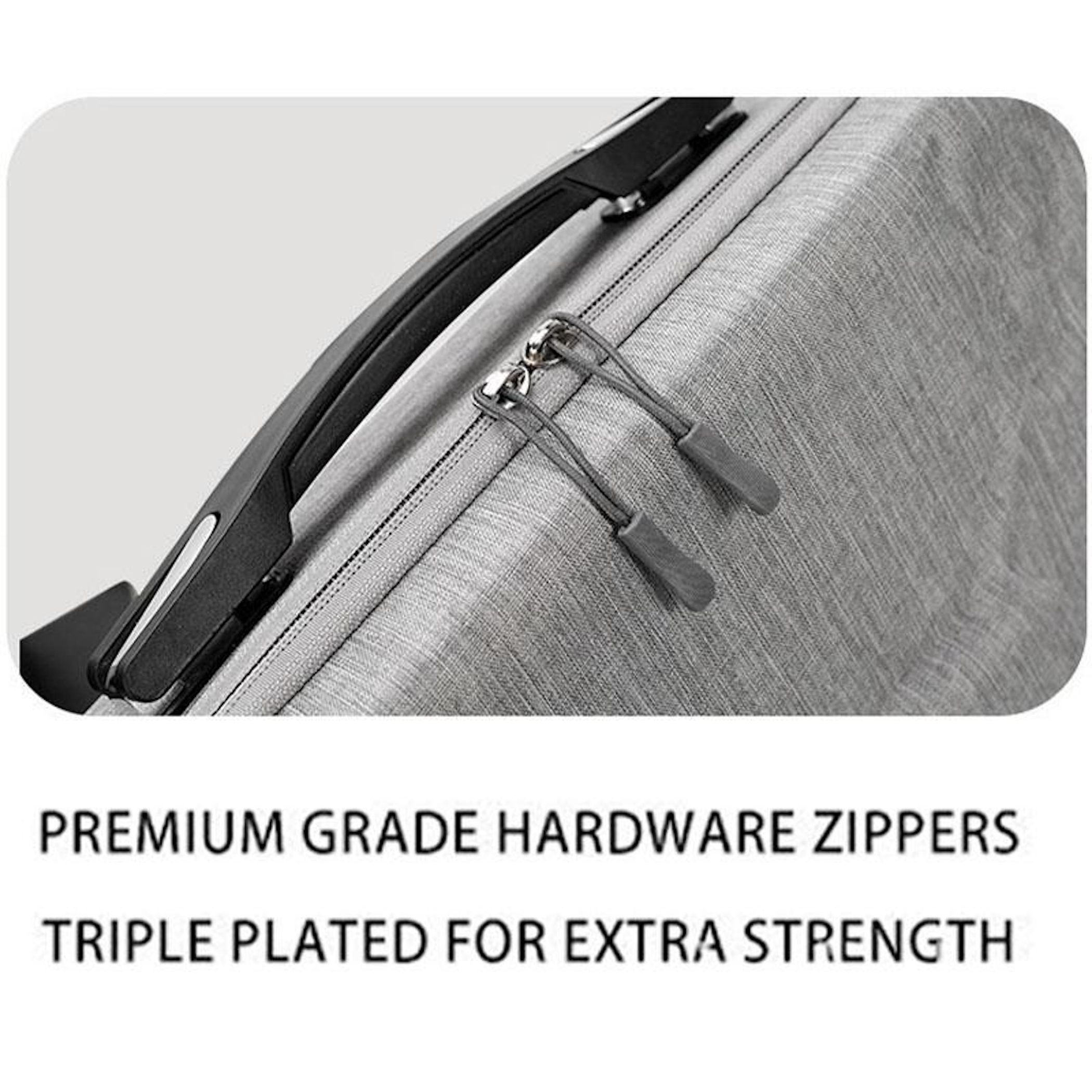 Nahaufnahme einer grauen Tasche mit schwarzem Griff und silbernen Reißverschlüssen. Text: Hochwertige Hardware-Reißverschlüsse.