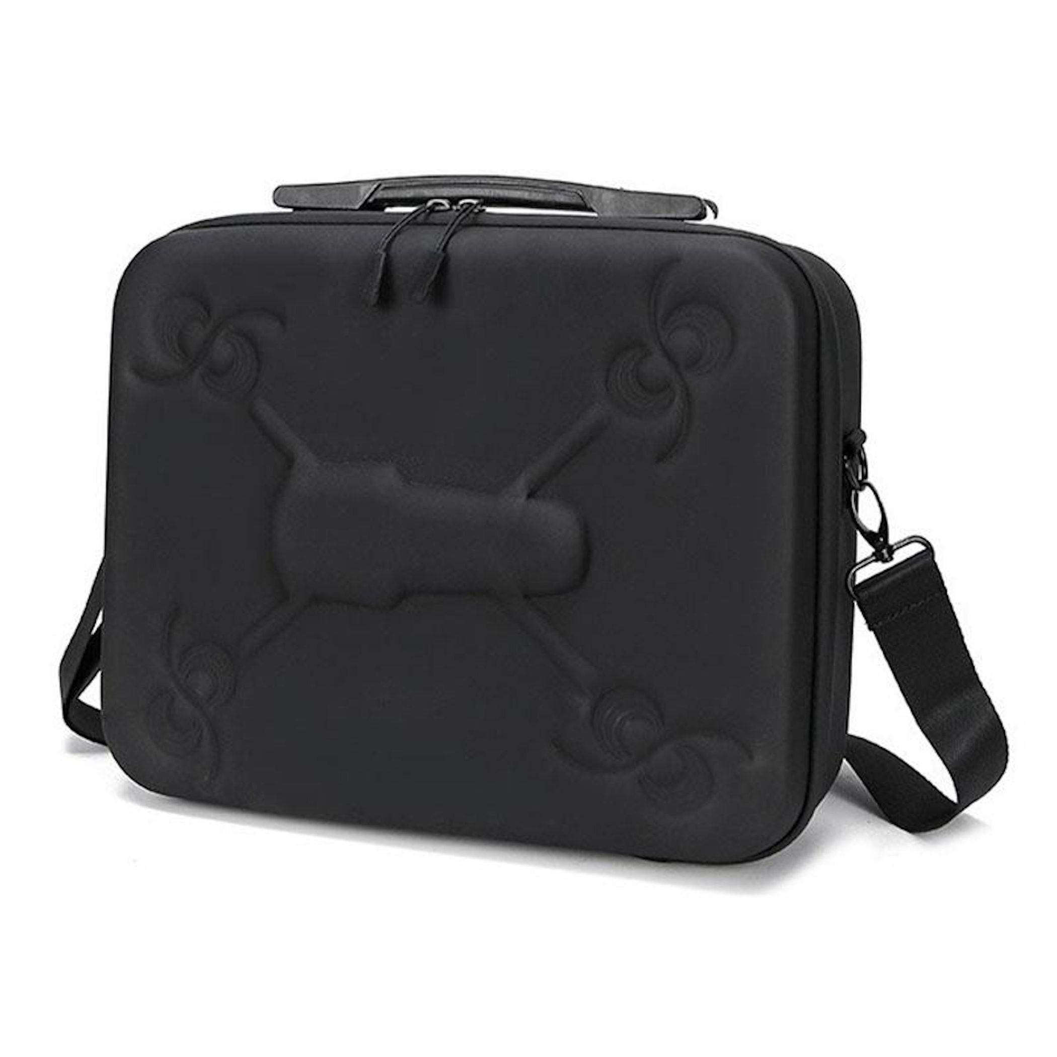 Schwarze Drohnen-Tragetasche mit Griff, Schultergurt und geprägtem Drohnen-Design auf der Vorderseite. Reißverschlüsse sichtbar.