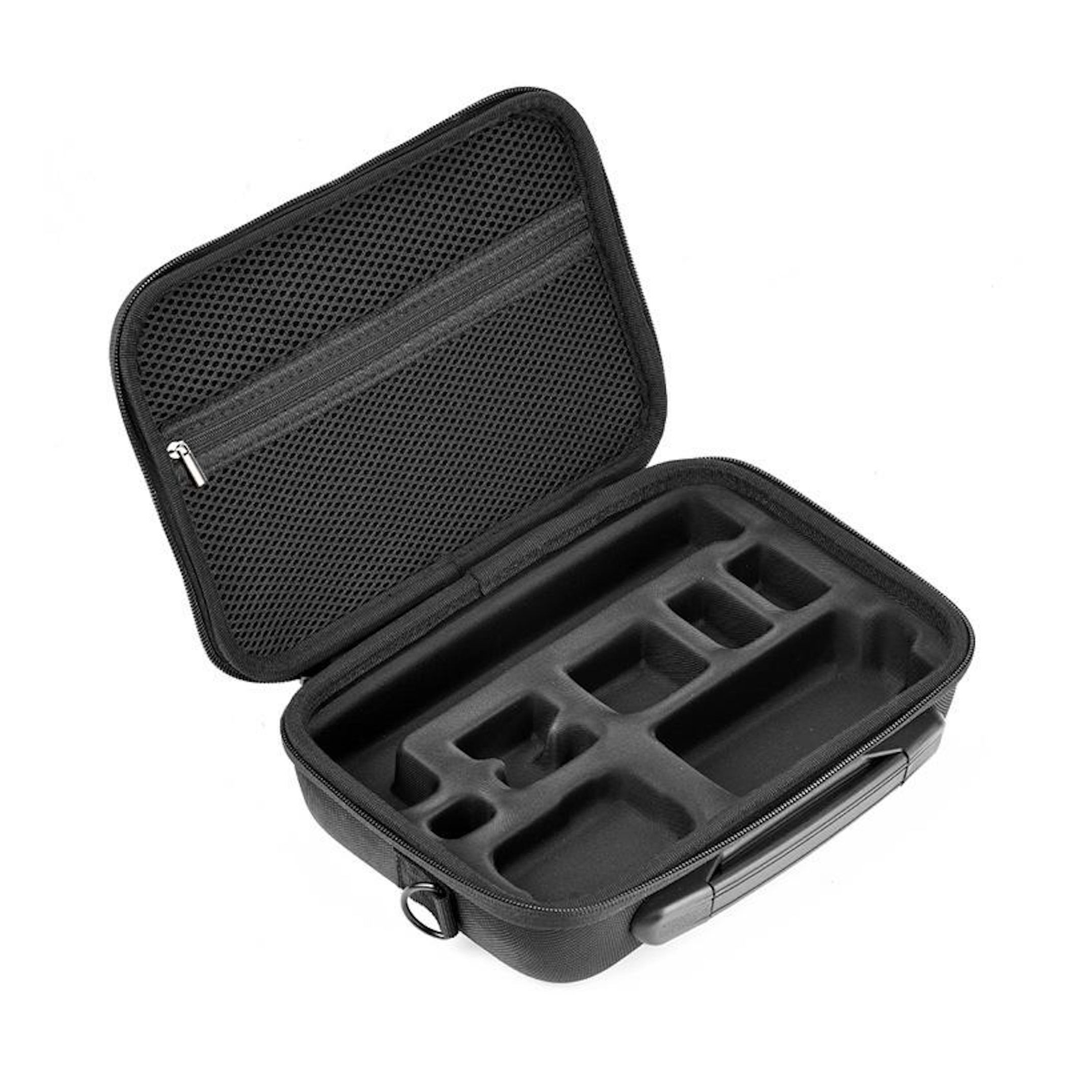 Offene schwarze Hülle mit Fächern. Netztasche oben. Innenraum mit Schaumstoffaussparungen. Griff und Reißverschluss sichtbar.