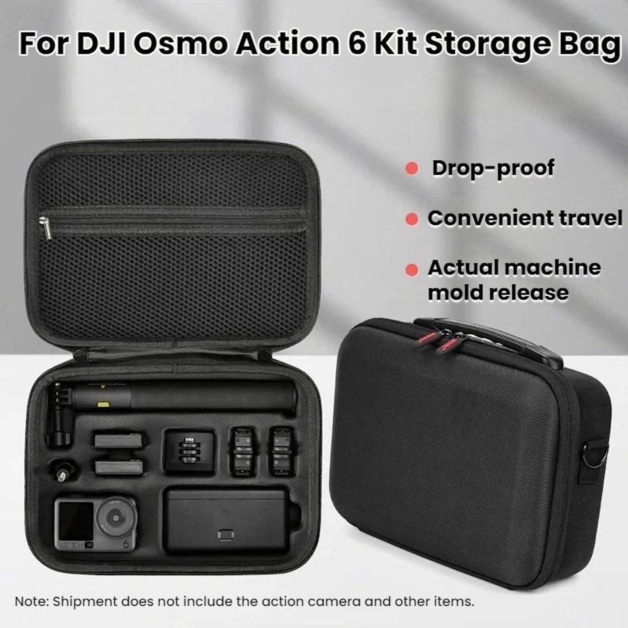 Schwarze Aufbewahrungstasche für DJI Osmo Action 6 Kit. Geöffnete Tasche zeigt Kamera und Zubehör. Geschlossene Tasche rechts.