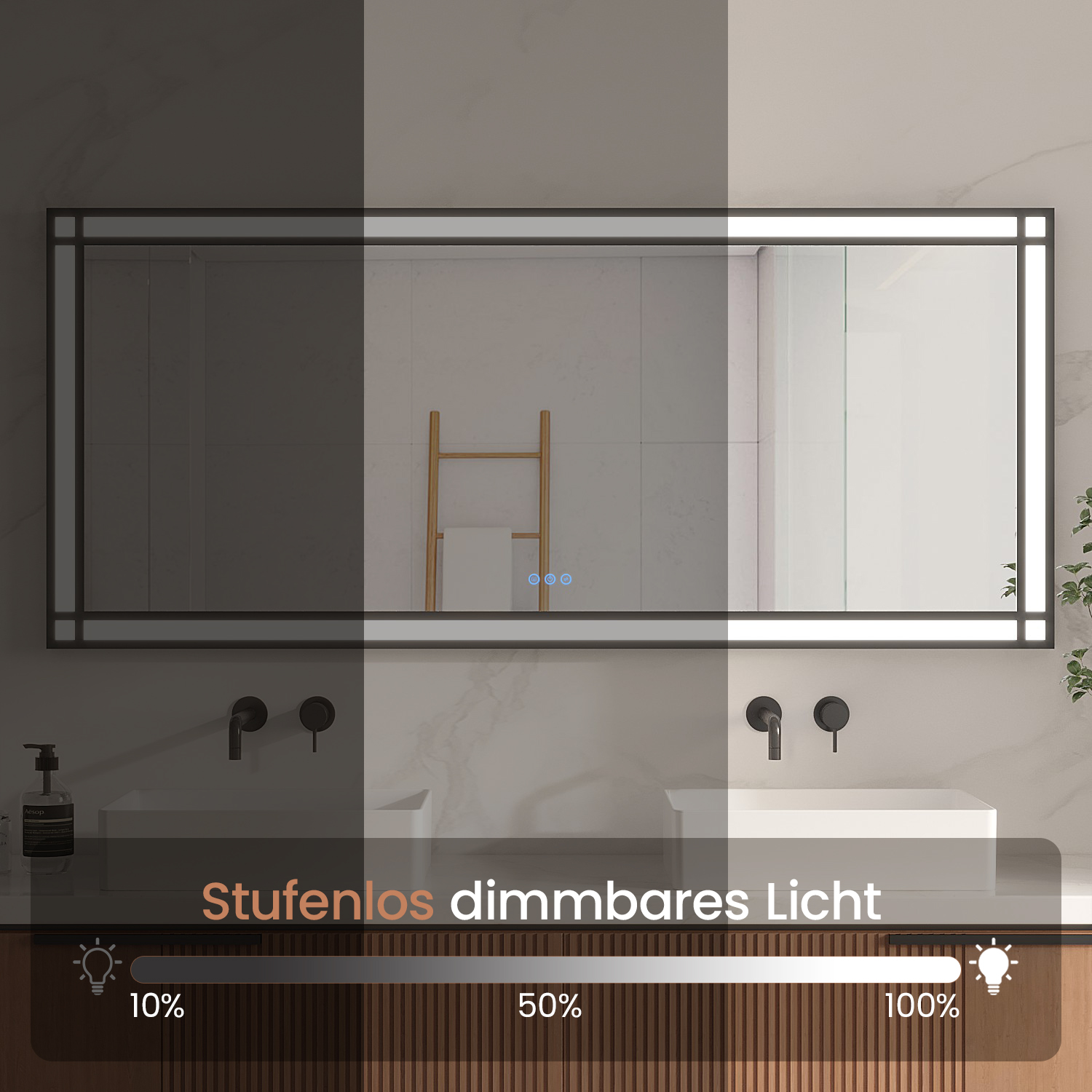 Ein Badezimmerspiegel mit einstellbarer Beleuchtung. Er hat ein Waschbecken, Armaturen und einen Handtuchhalter aus Holz. Die Beleuchtung ist einstellbar.