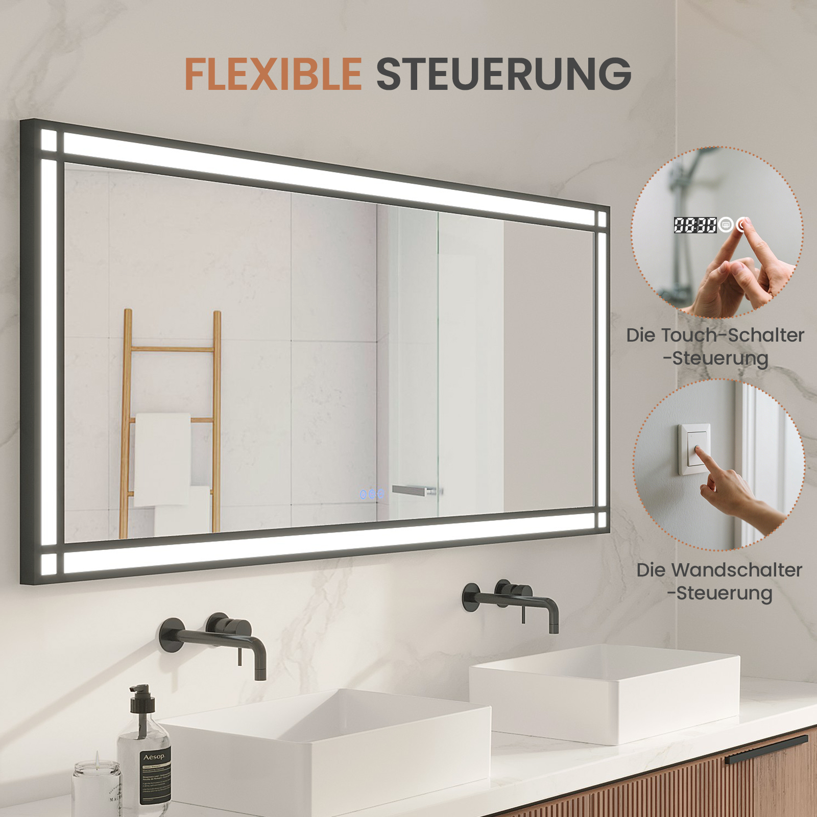 Badezimmerspiegel mit integrierter Beleuchtung und Touch-Bedienelementen. Enthält Waschbecken, Wasserhahn und Holzleiter.