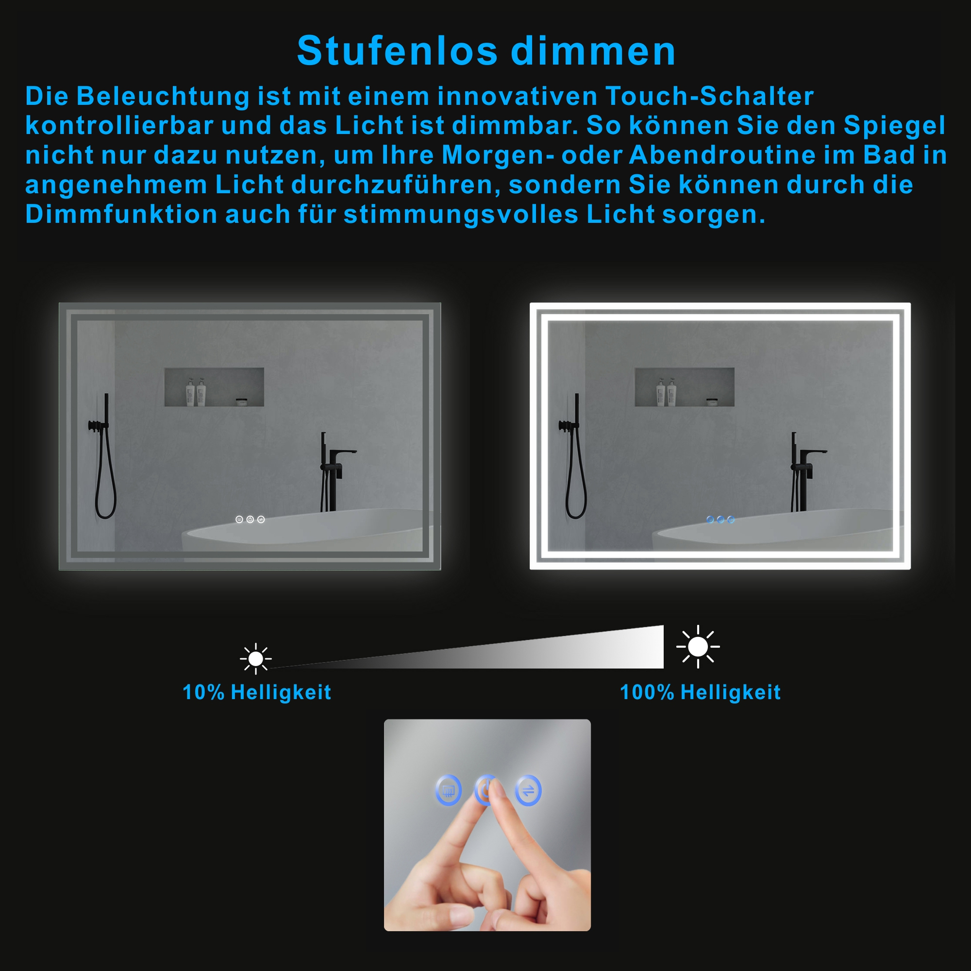 Ein Badezimmerspiegel mit einstellbarer Beleuchtung. Text erklärt die Dimmfunktion. Unten befindet sich ein Touchpanel, das von einer Hand berührt wird.