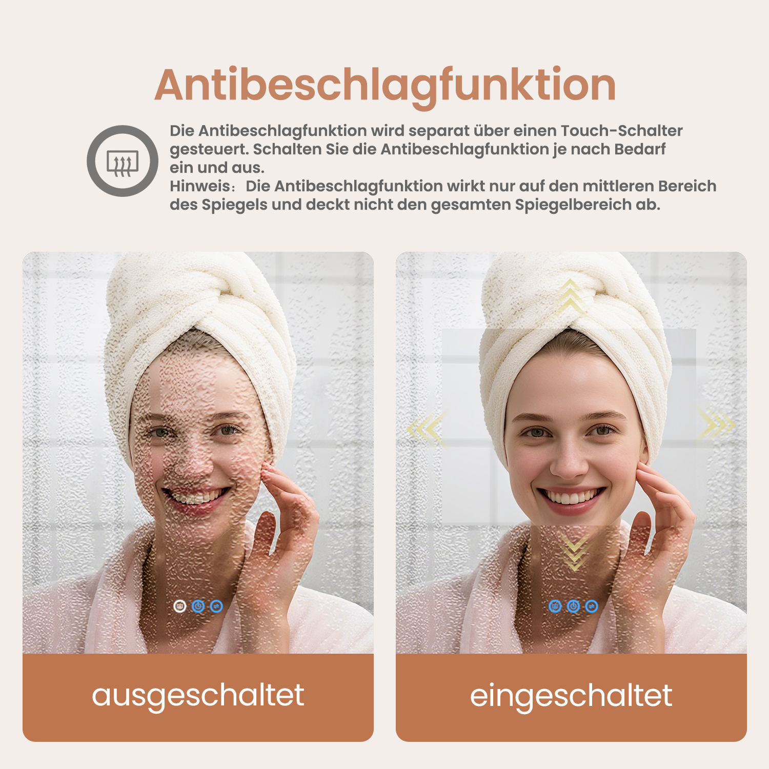 Das Bild zeigt zwei Frauen, eine mit beschlagenem Spiegel und die andere mit klarem Spiegel. Text erklärt die Antibeschlagfunktion.
