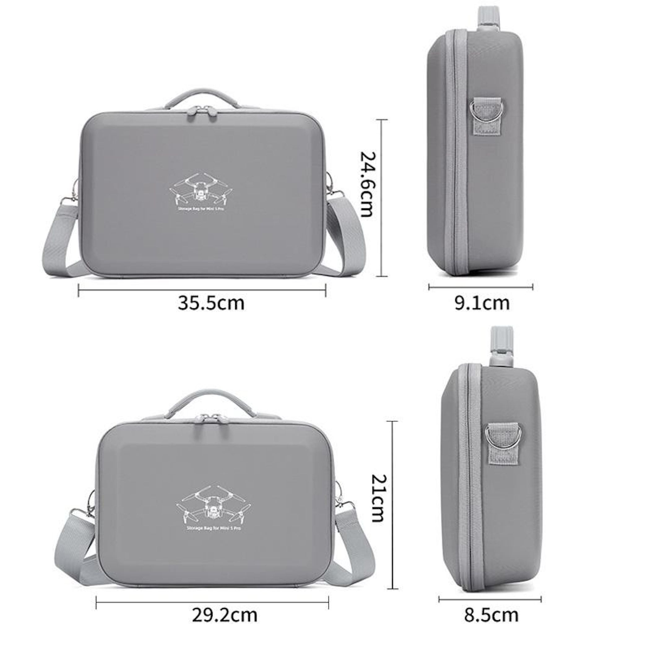 Graue Drohnen-Tragetasche mit Größenangaben. Zwei Ansichten: vorne und seitlich. Maße für Länge, Breite und Höhe sind angegeben.