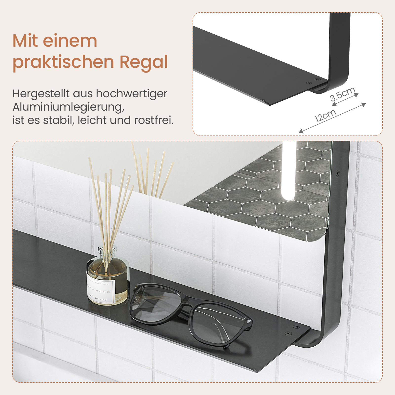 Ein schwarzes Regal mit Brille und Duftflasche. Text: 'Mit einem praktischen Regal'.