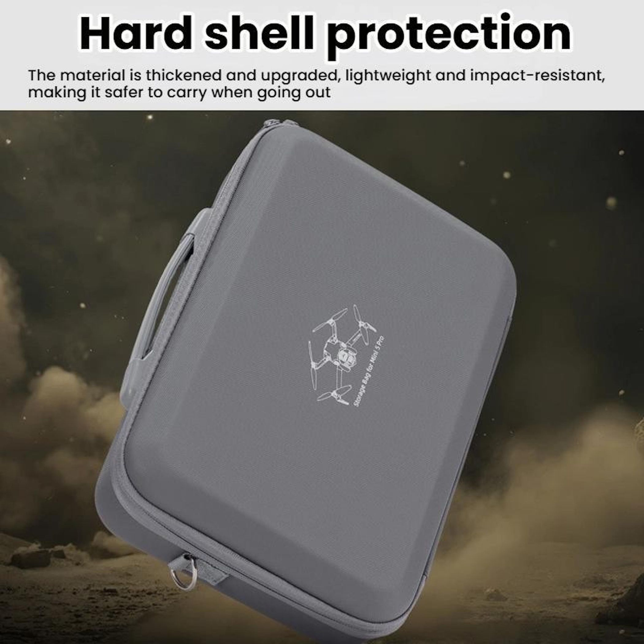 Graue Hülle für eine Mini 5 Pro Drohne, mit Griff und Reißverschluss, auf verschwommenem Hintergrund.