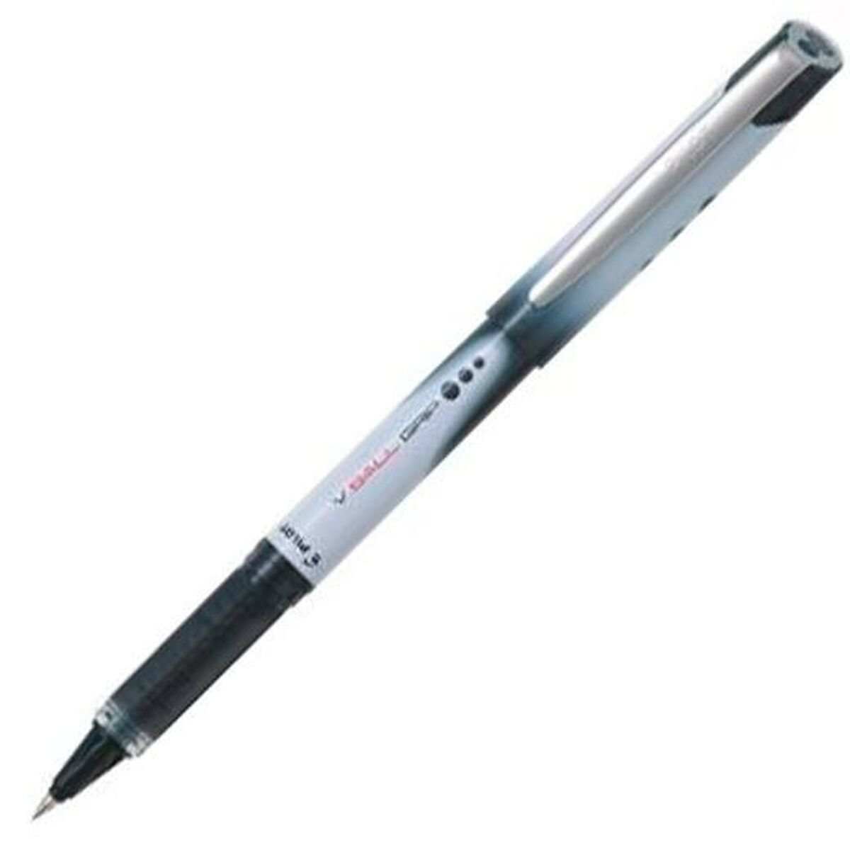 Ein Pilot V Ball Grip Stift. Der Stift ist überwiegend weiß, mit einem schwarzen Griff und Spitze. Es gibt einen Metallclip.
