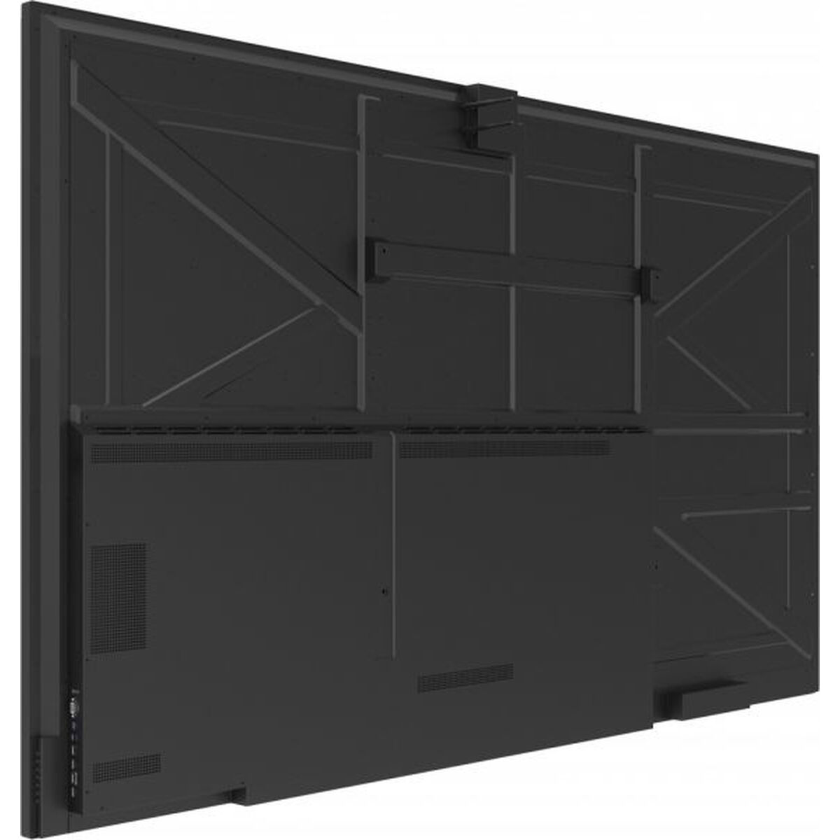 Rückseite eines großen, schwarzen interaktiven Displays. Es hat einen Metallrahmen und verschiedene Paneele mit Lüftungsschlitzen.