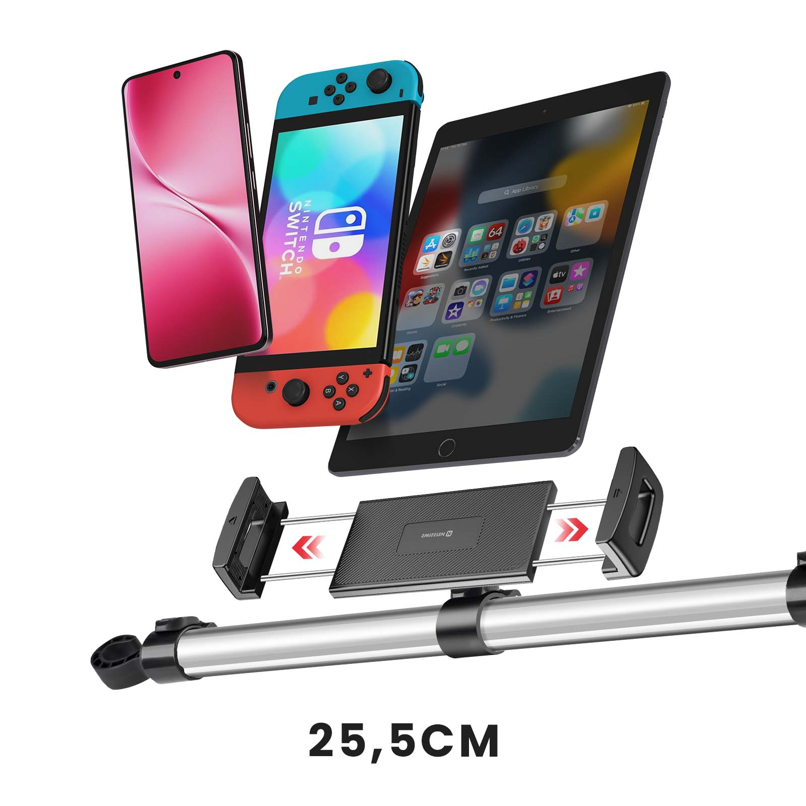 Un telefono, un Nintendo Switch e un tablet sono esposti, supportati da un supporto per auto. La dimensione è di 25,5 cm.