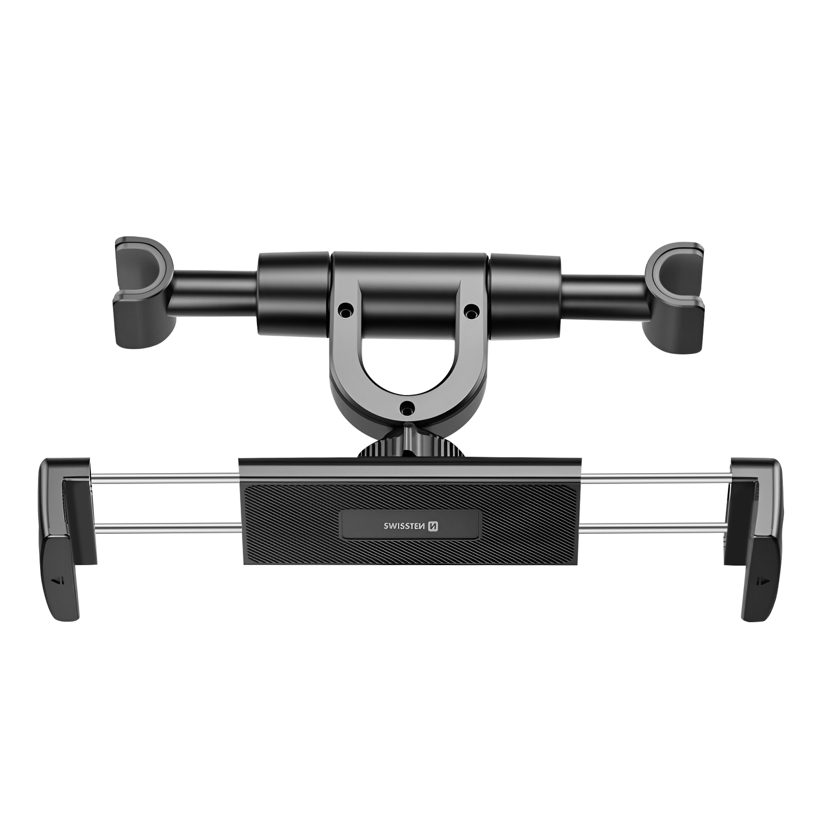 Supporto per tablet nero per auto. Ha bracci regolabili e una base girevole con il marchio 'SWISSTEK'.