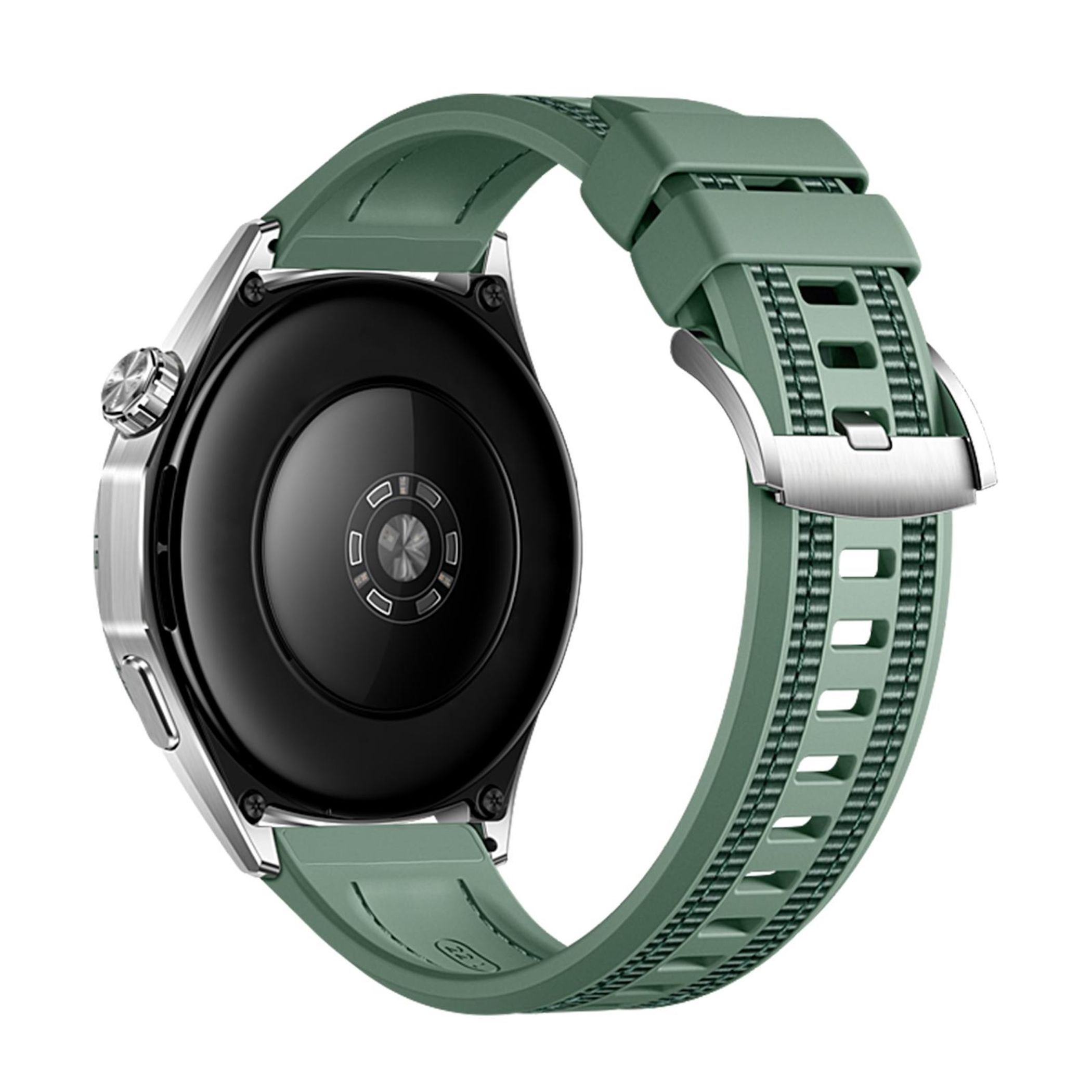 Eine grüne Smartwatch mit schwarzem Zifferblatt und grünem Armband wird auf weißem Hintergrund gezeigt.