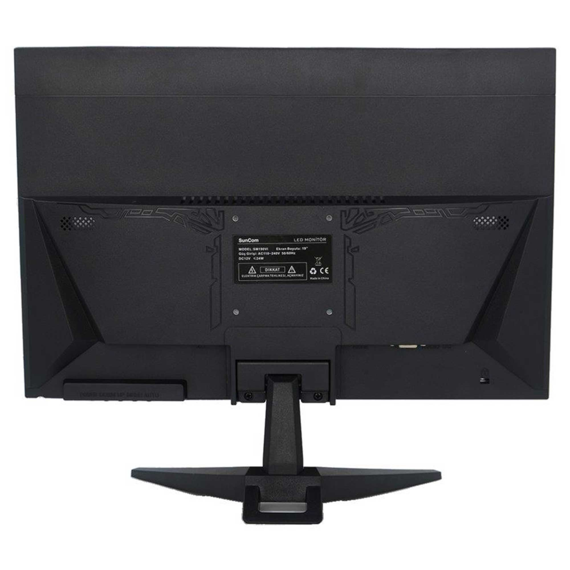 Siyah bir SunCom LED monitörün arkadan görünümü. Bir standı ve uyarılar ile özellikleri içeren bir etiketi var.